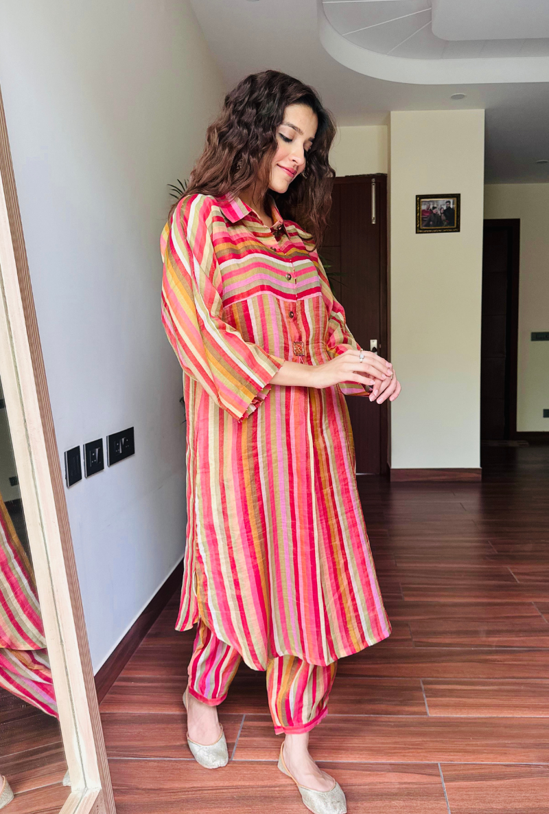 Varsha Rana in Red Anti Fit Stripe Kurta Set