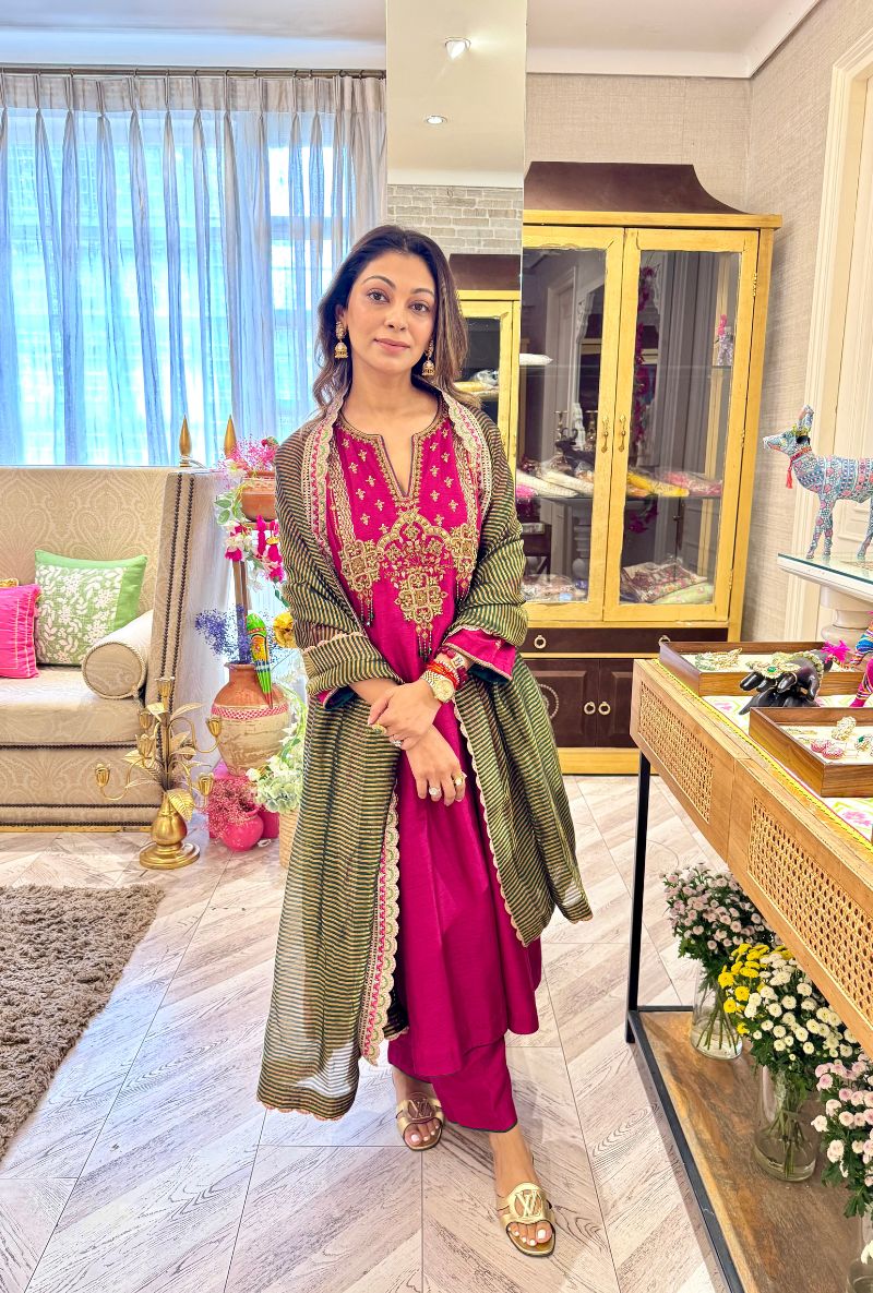 Meghna Nayyar in Rani Pink with Hand-Embroidered Yoke Kurta Set