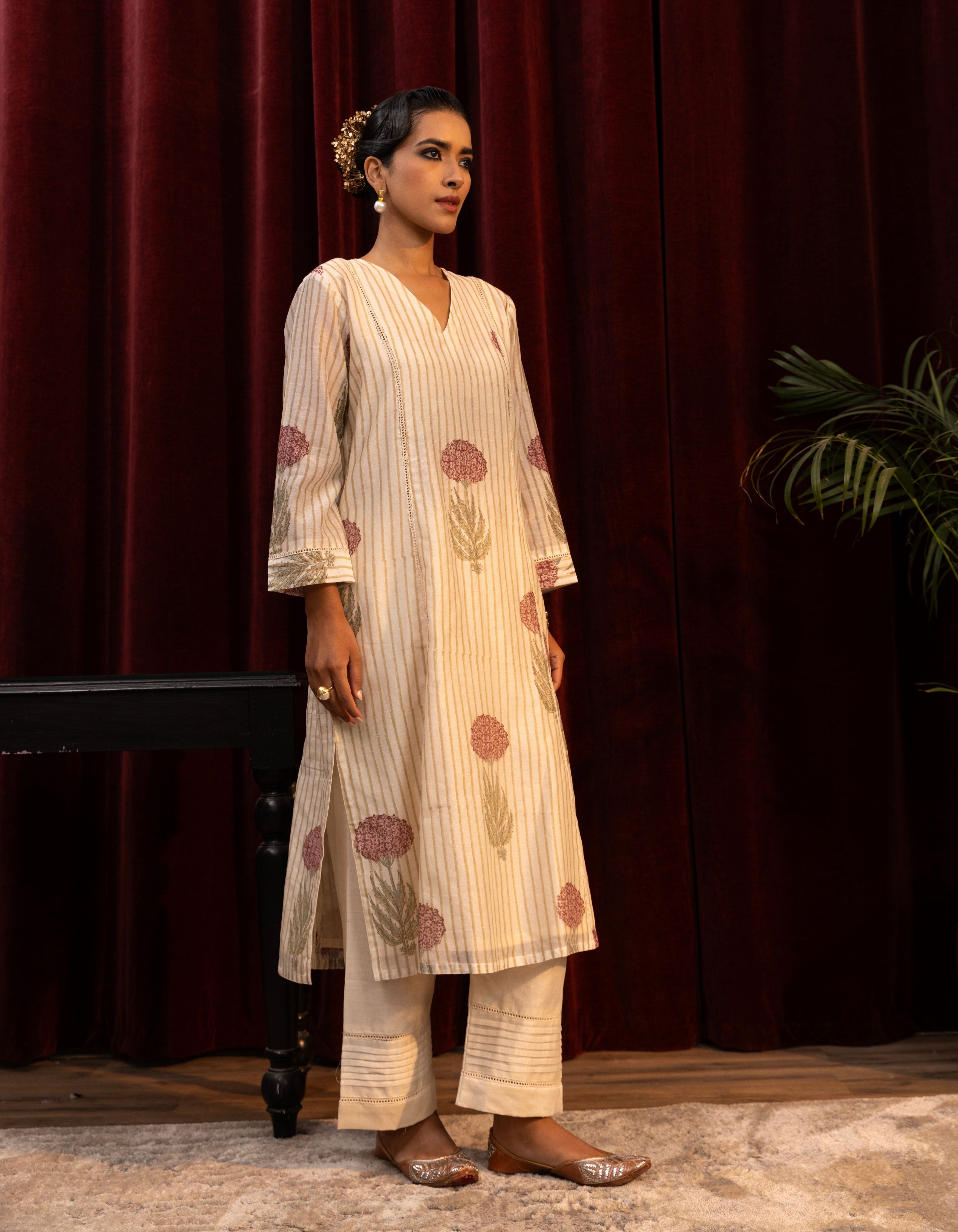 Ivory Stripes Block Print A-line Mogra Kurta Set