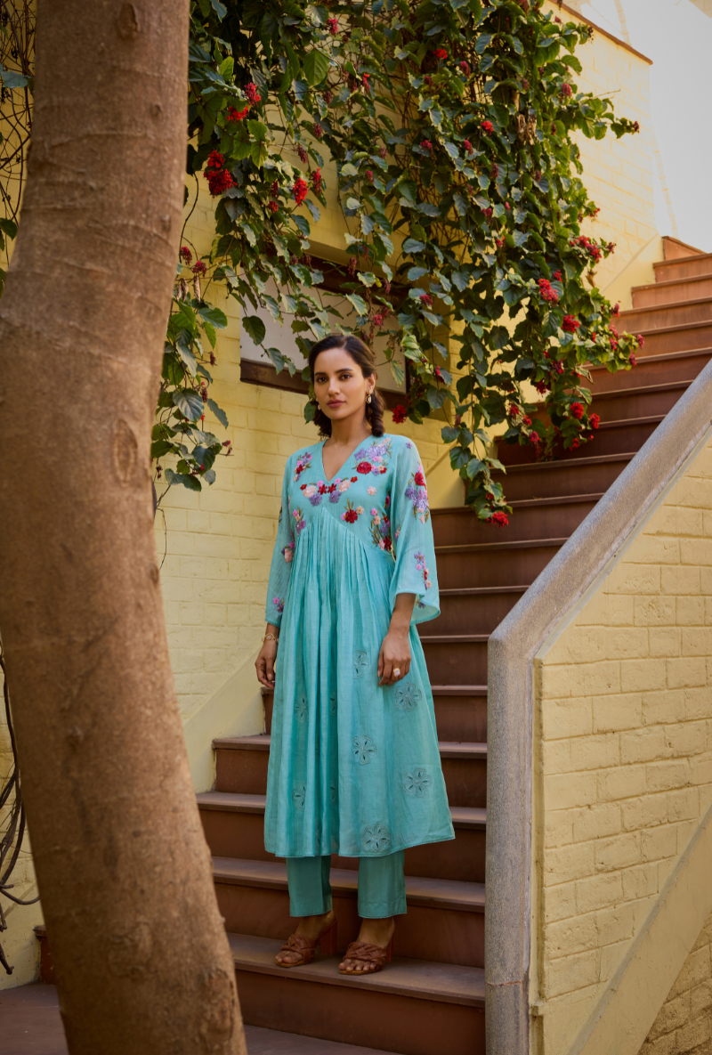 Turquoise Hand Embroidered Kalidaar Anaardana Kurta Set
