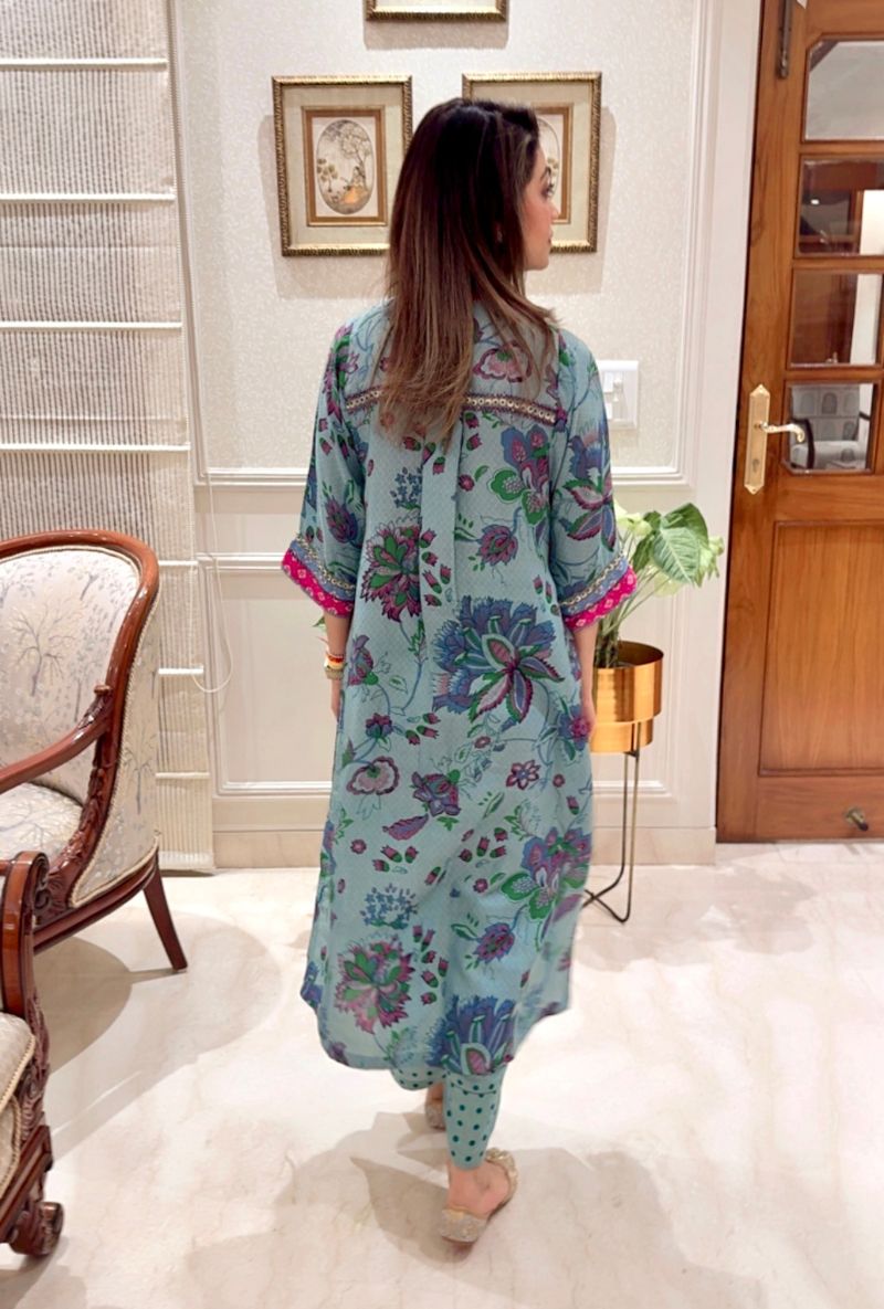 Meghna Nayyar in Blue Hand Printed Kaftan Cut Eden Kurta Set