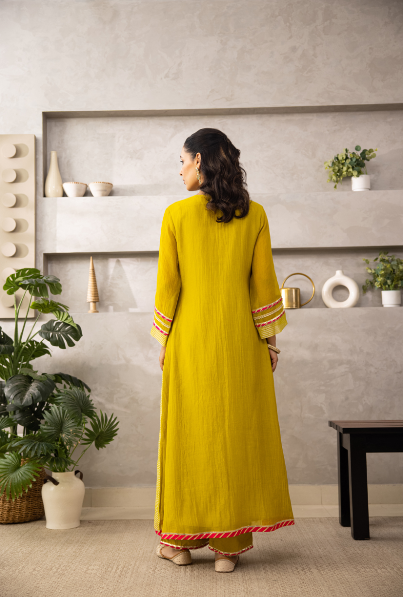 Lemon Yellow Pearl Gota Front Pleat Laado Kurta Set