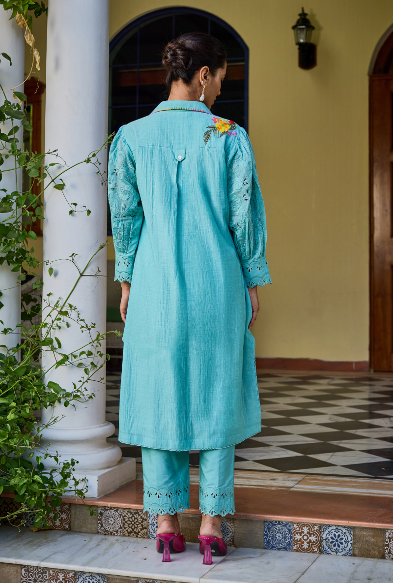 Turquoise Collared Button Down Anaardana Co-Ord Set
