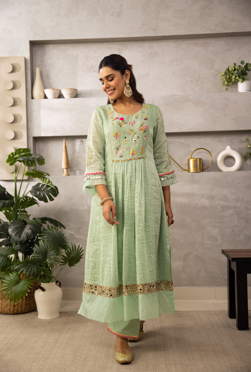 Aqua Resham Yoke Front Pleats Laado Kurta Set