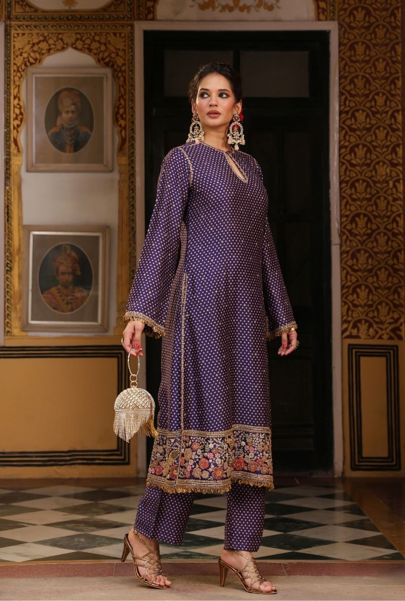 Purple Printed Mayur Applique Long Mehfil Kurta Set