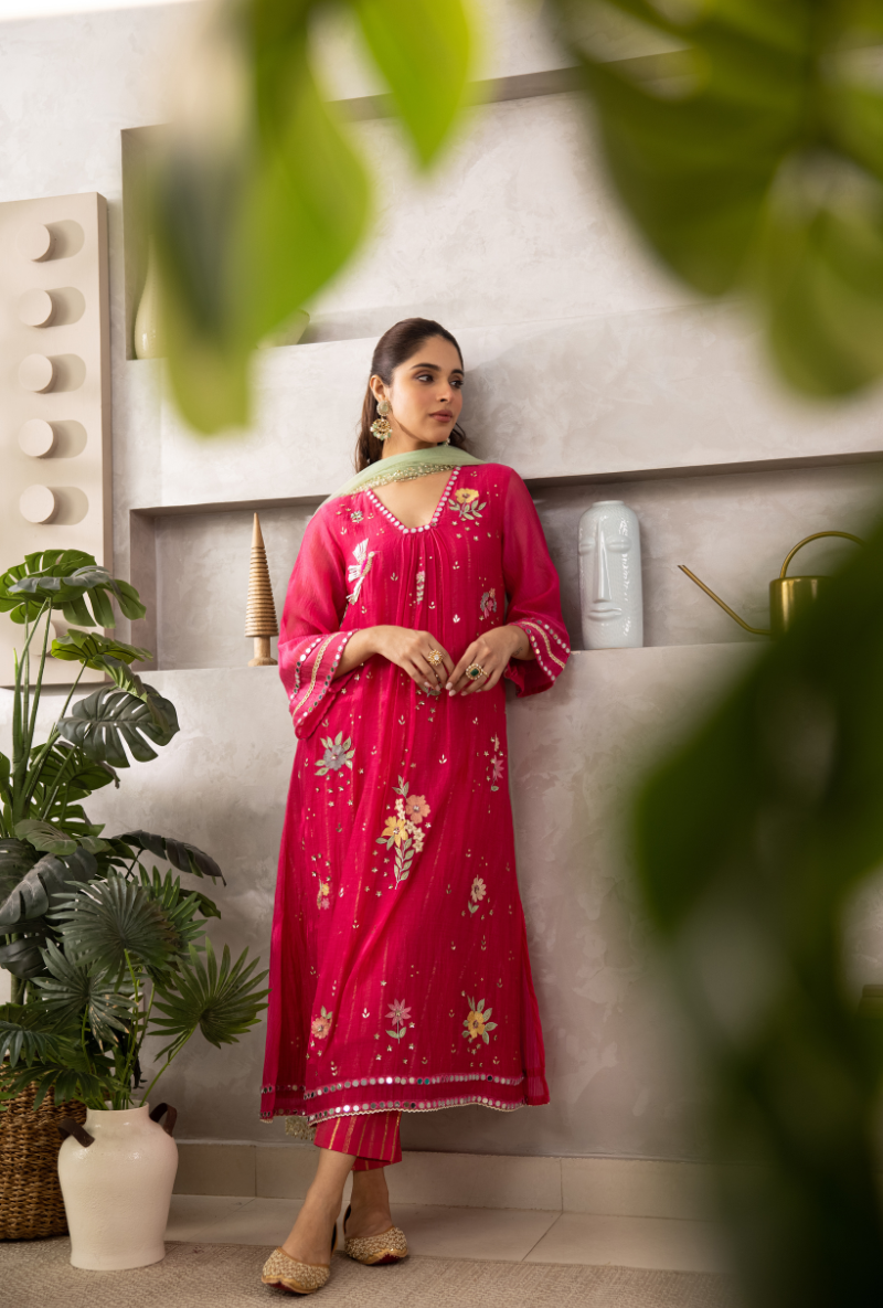Pink Glass Neckline A-Line Kurta Set