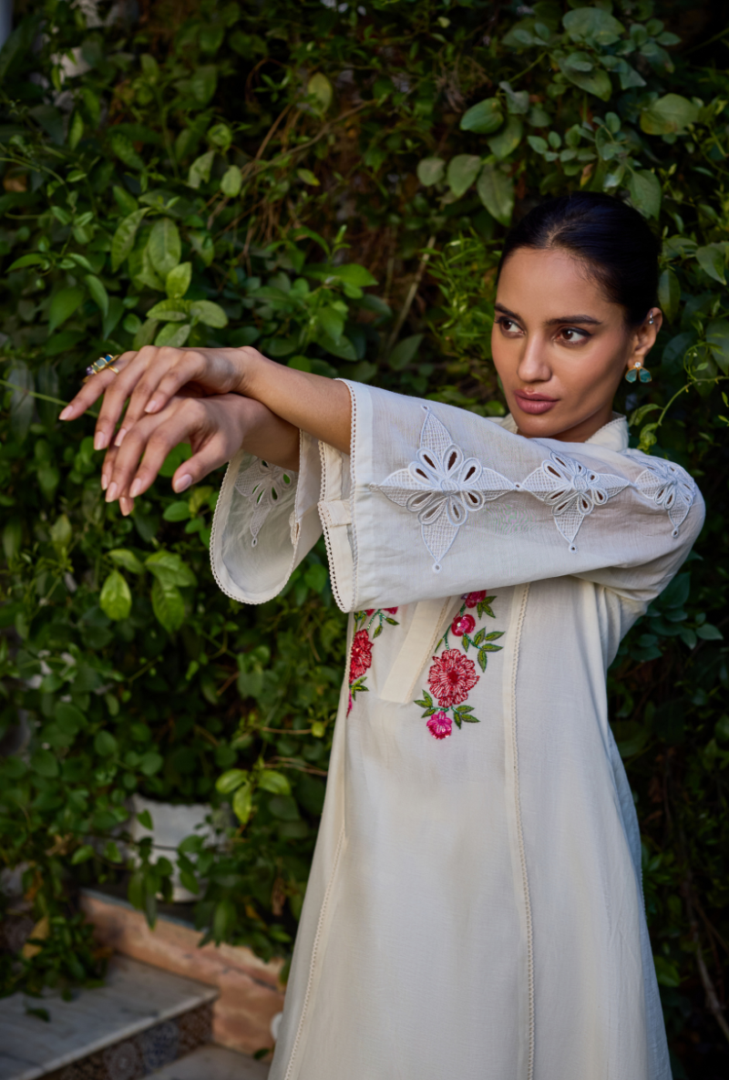 Ivory A Line Hand Embroidered Anaardana Kurta Set