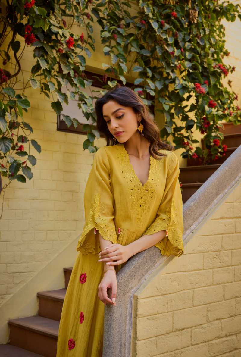 Mustard Empire Cut Applique Anaardana Anarkali Set