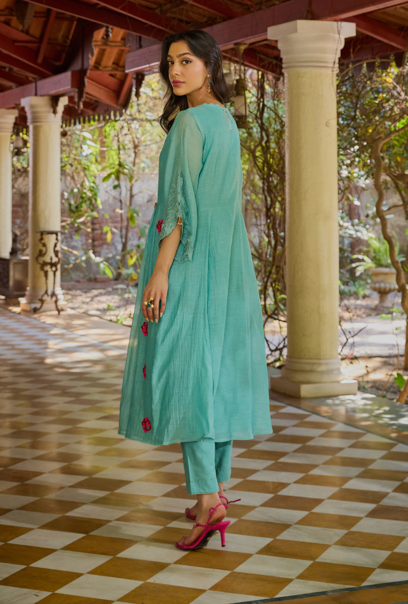 Turquoise Empire Cut Applique Anaardana Anarkali Set