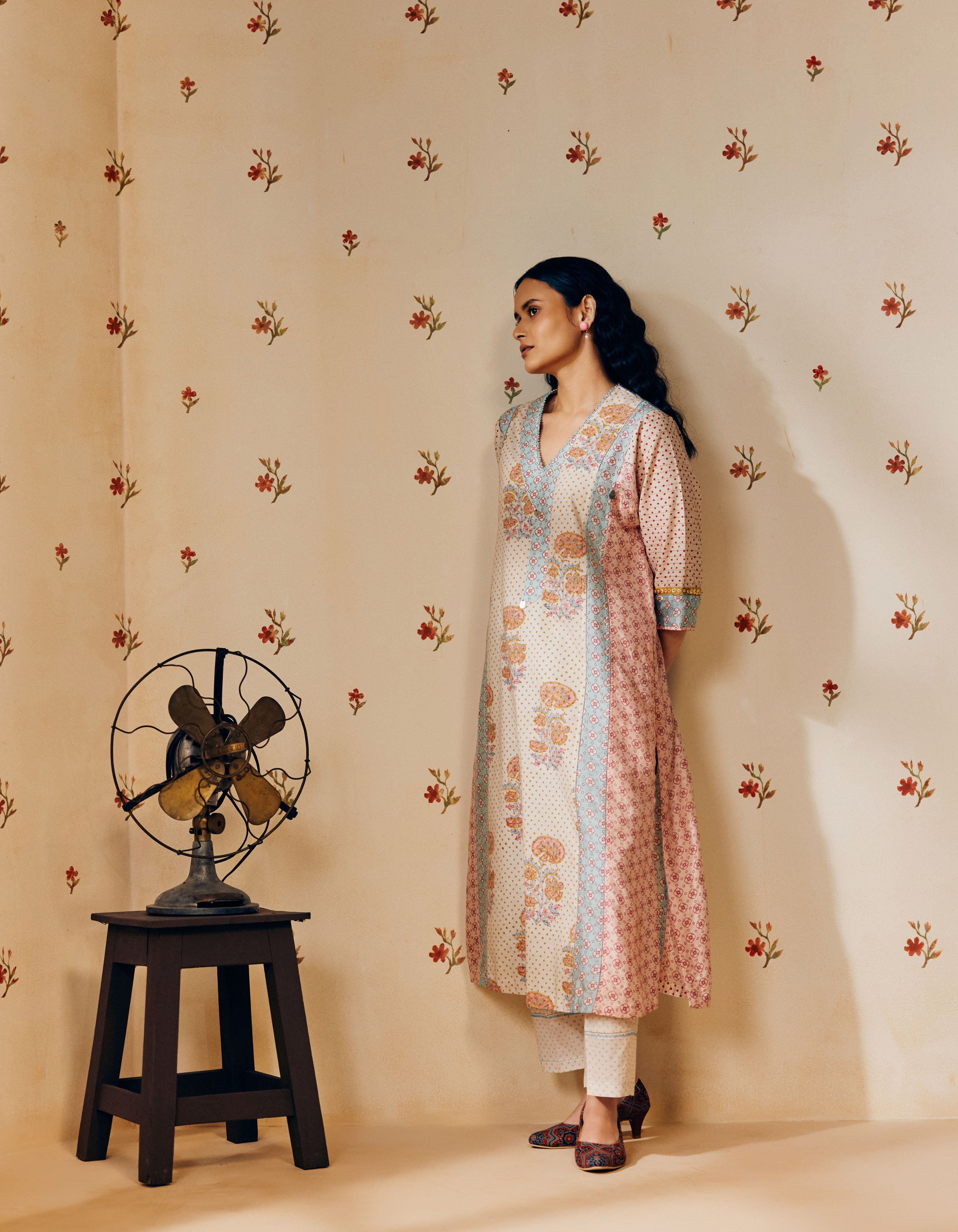 Off-White And Dusty Pink Front Gathers Hand Block Printed Multi Panel Mia Kurta Set