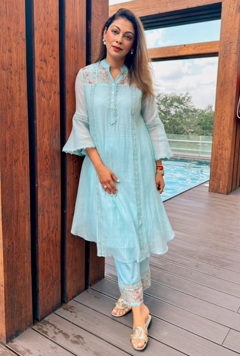 Meghna Nayyar in Aqua Blue Pero Chanderi Floral Shoulder Yoke Kiki Kurta Set