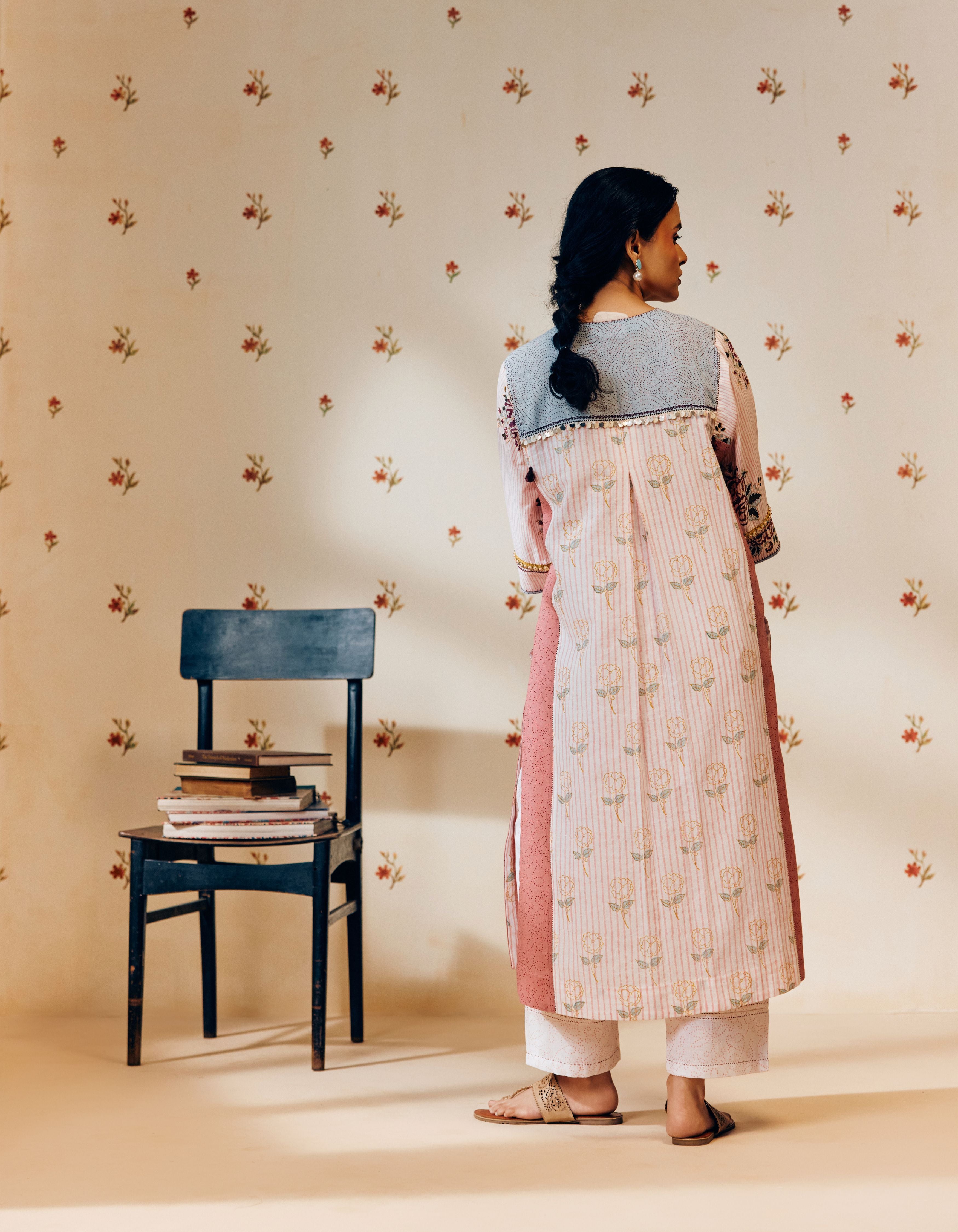 Off-White &  Pink Handblock Rose Motif Mia Kurta Set