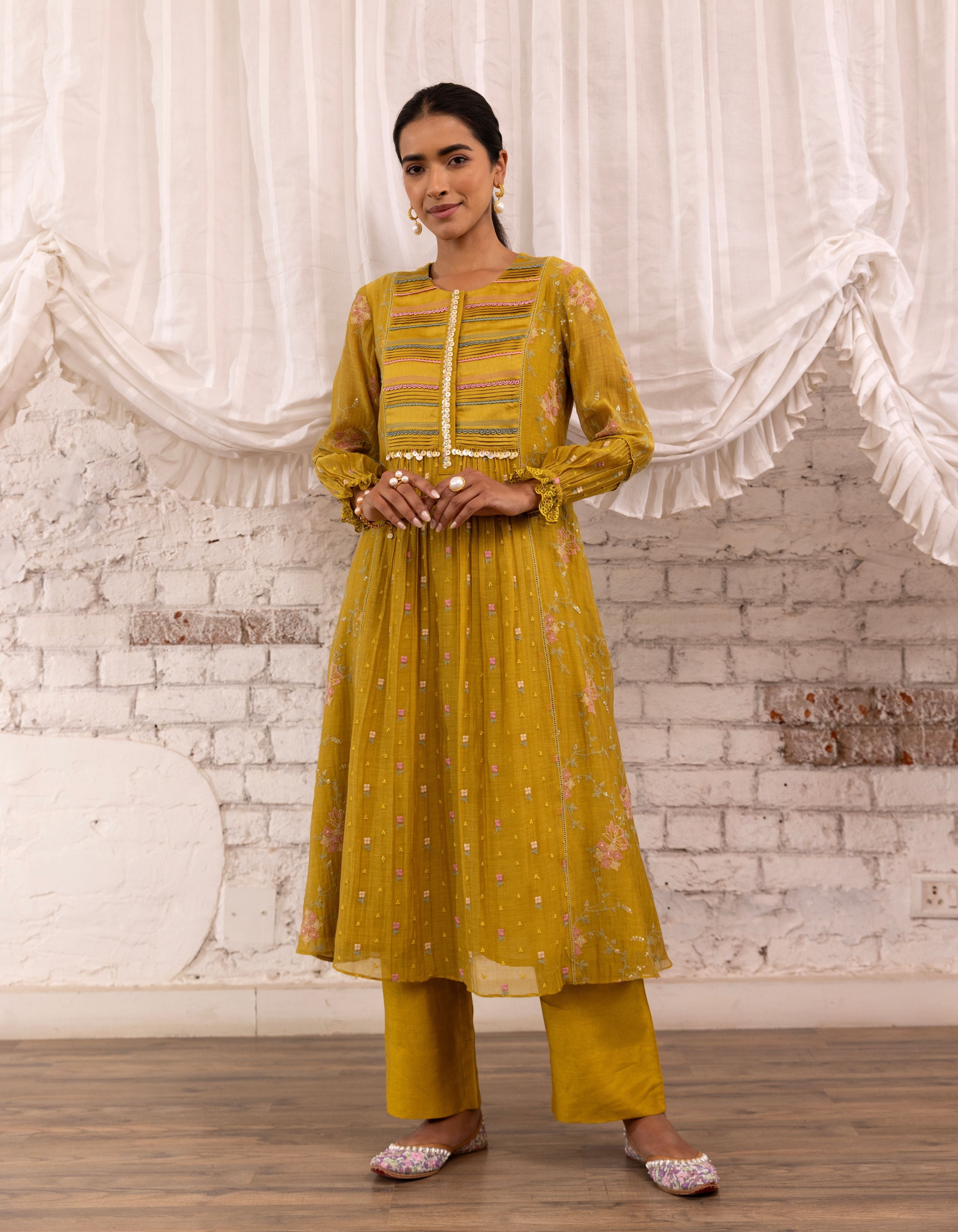 Mustard Threadwork Long Yoke Noor Kurta Set