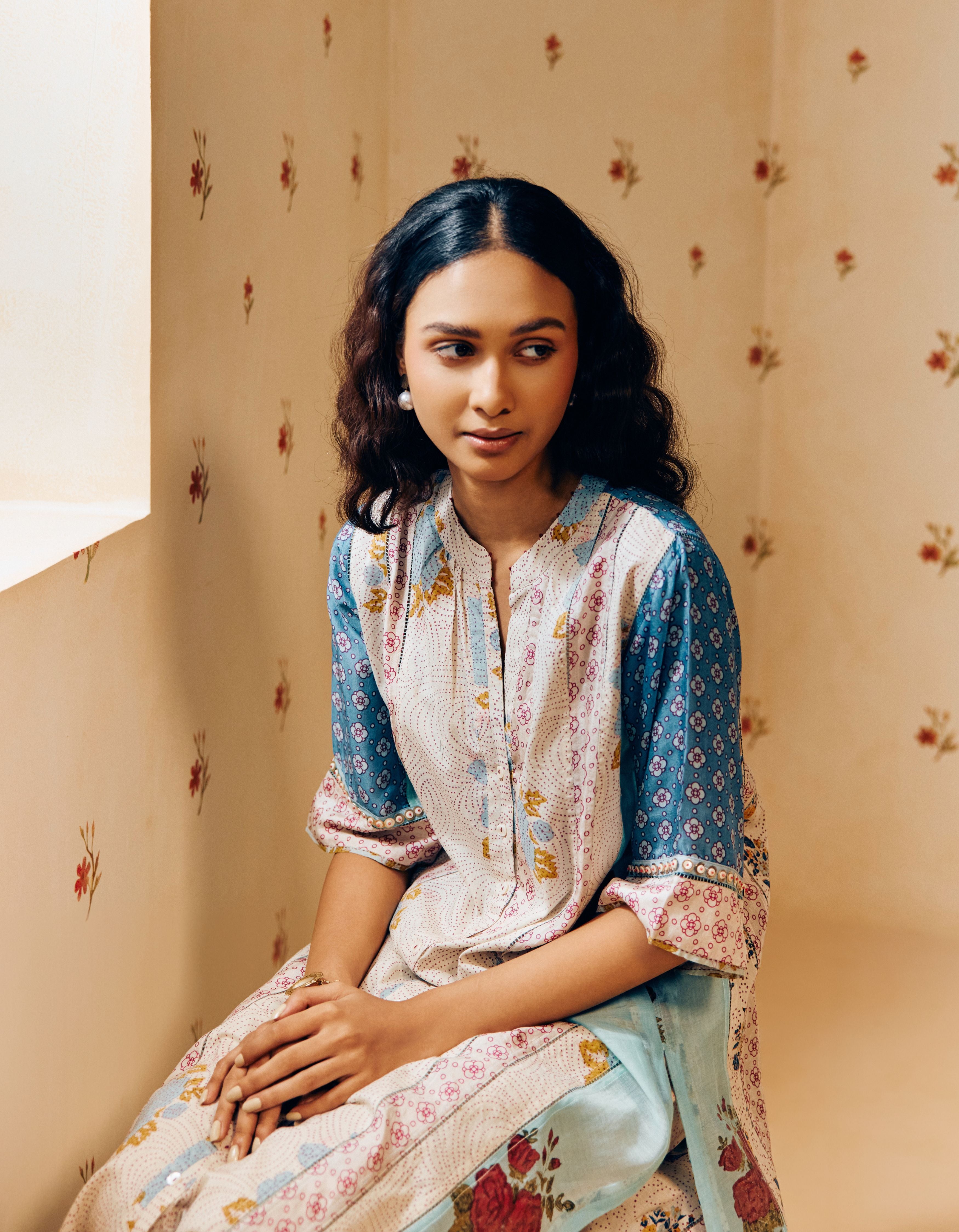 Blue and Off White Front Button Placket Hand Block Printed Multi Panel Mia Kurta Set