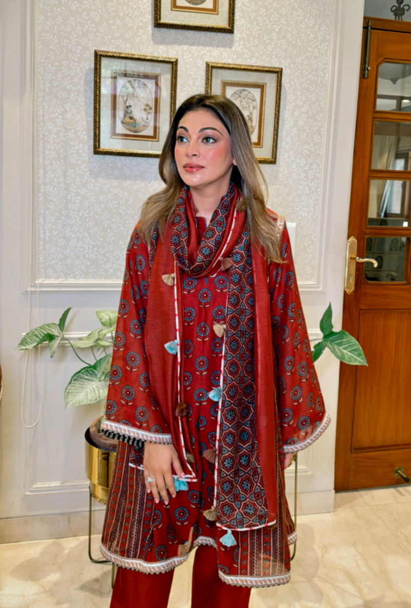 Meghna Nayyar in Red Ajrak Side Gathers Kurta Set