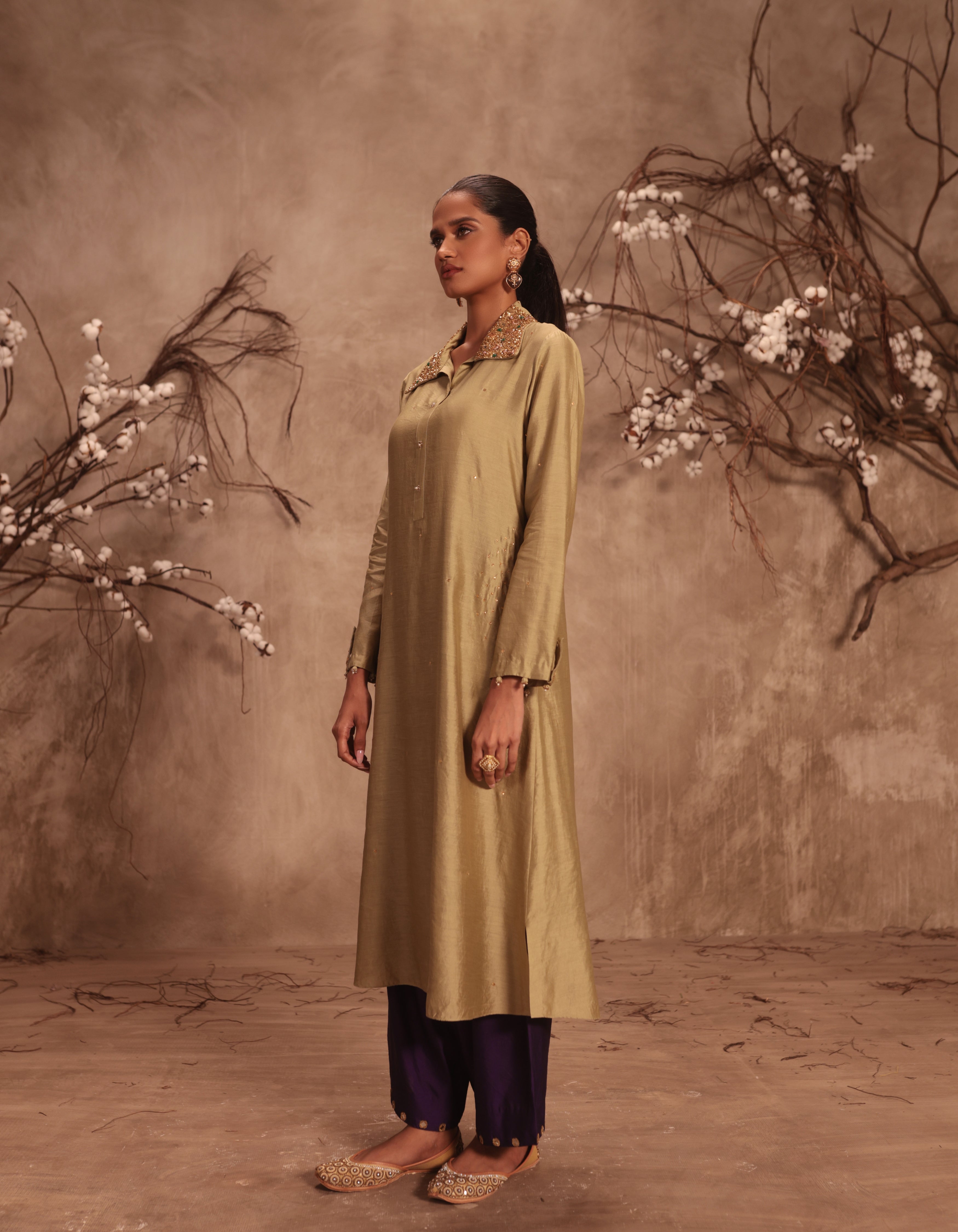 Light Green Heavy Collar Rani Kurta Set
