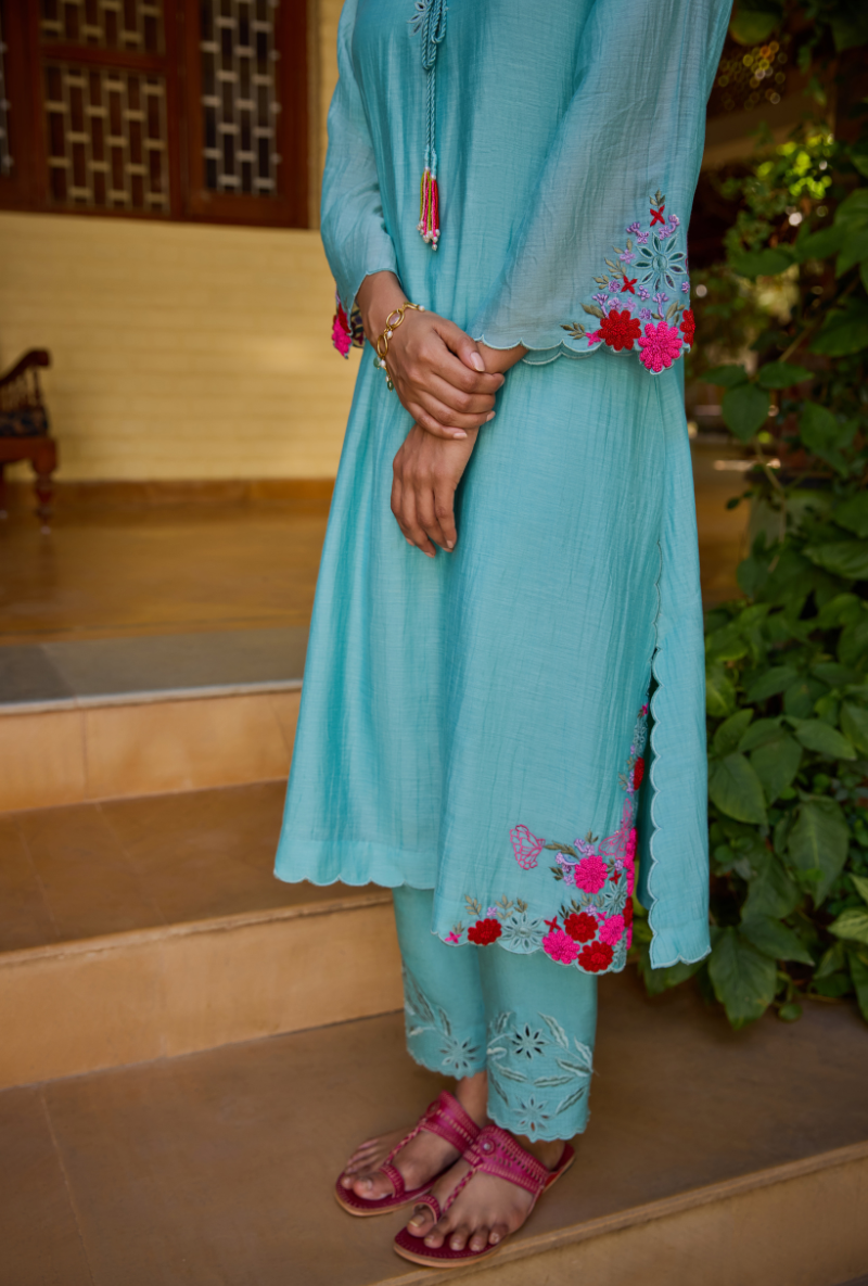 Turquoise Cutwork Neckline Straight Anaardana Kurta Set