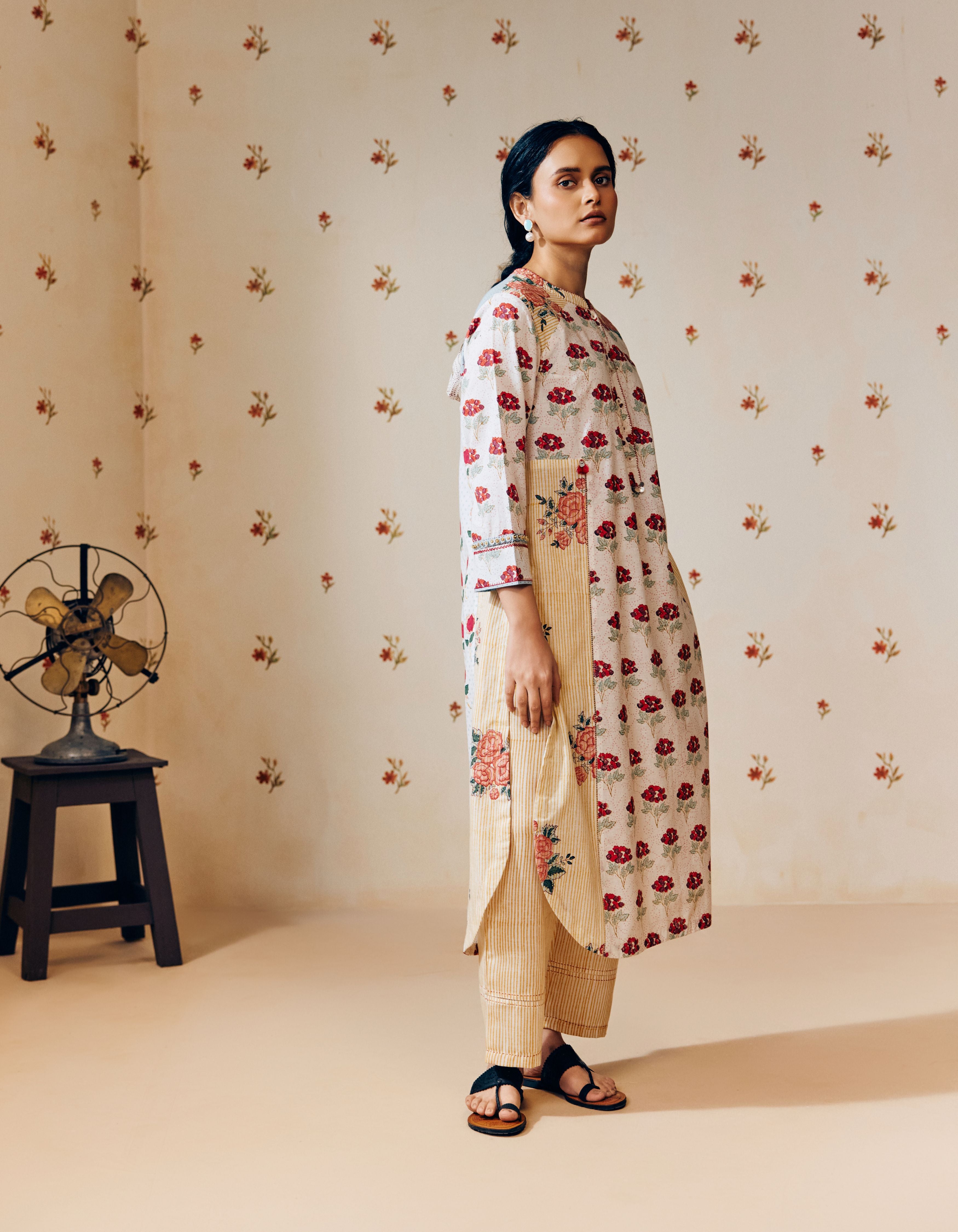 Off White Poppy and Stripes Print Mia Kurta Set