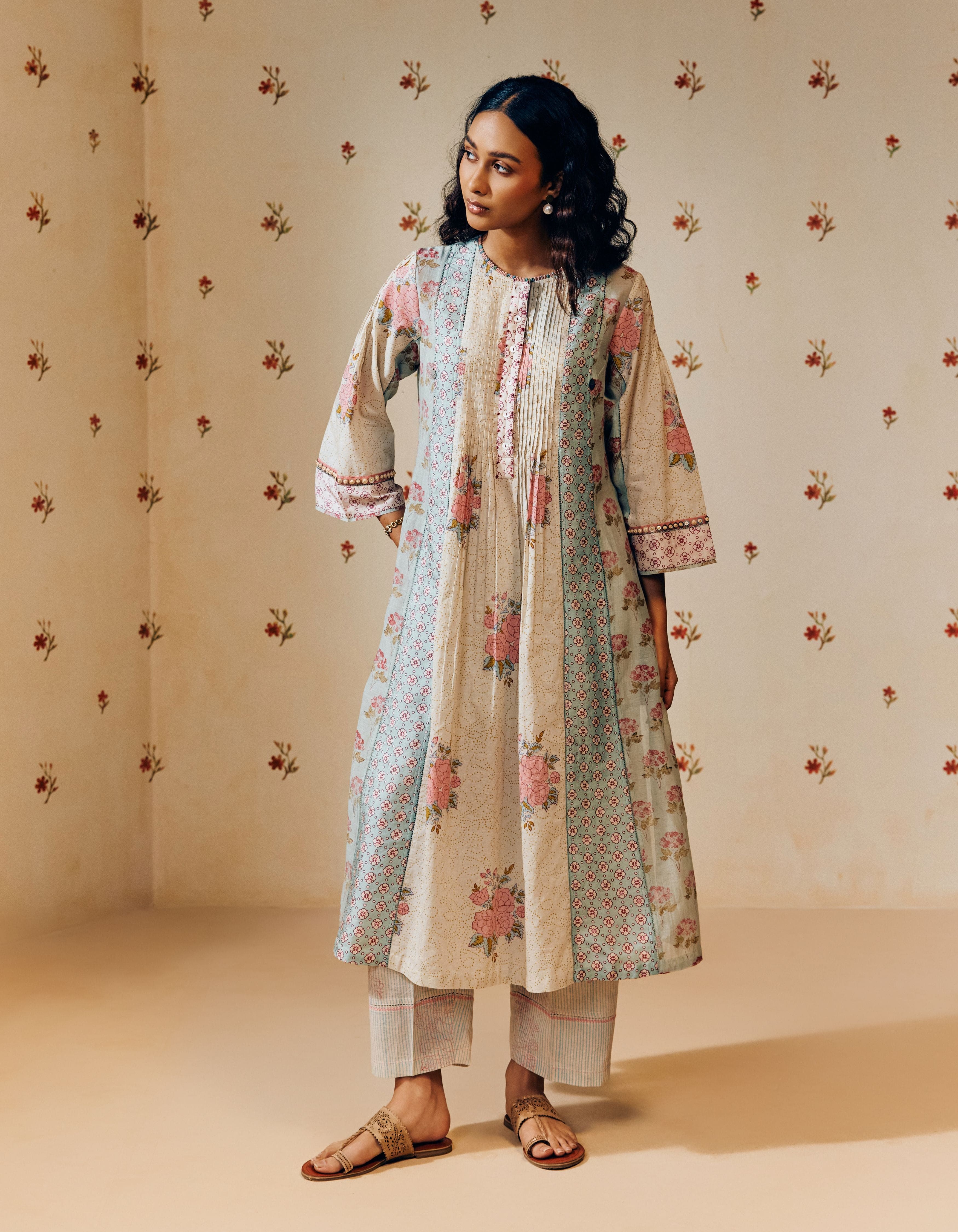 Powder Blue Hand Block Printed Multi Panel Mia Kurta Set