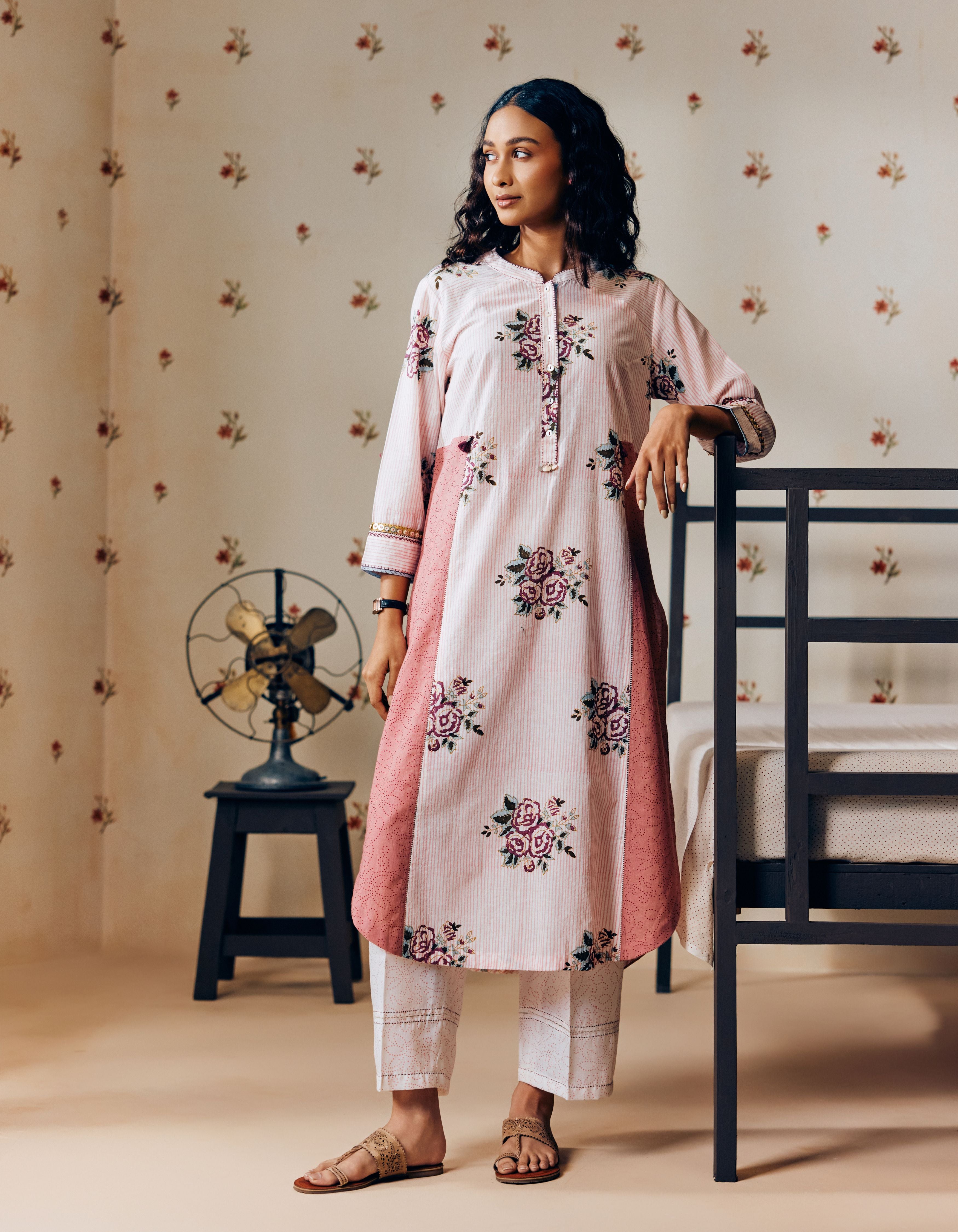 Off-White & Powder Pink Handblock Rose Motif Mia Kurta Set