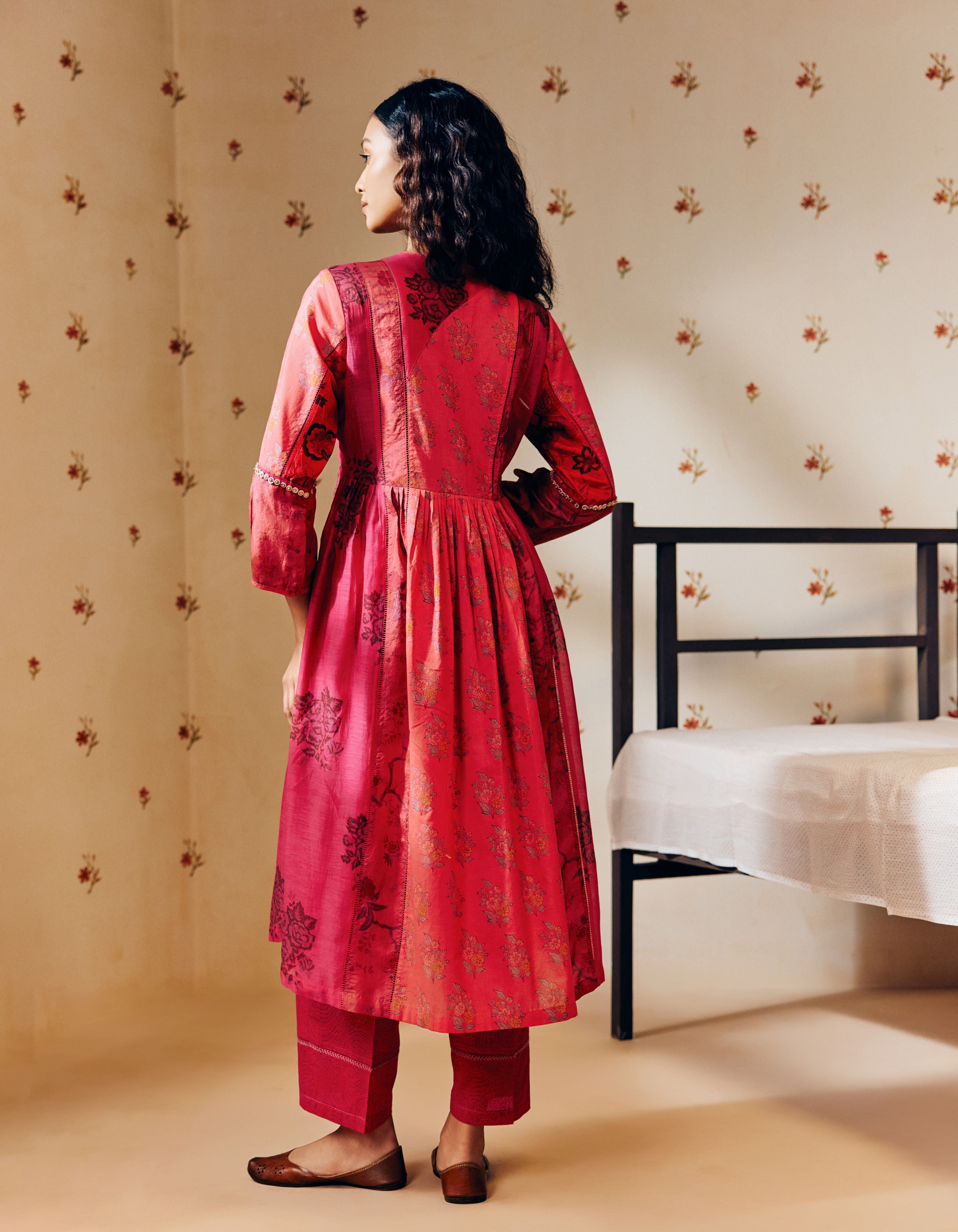 Rani Pink Hand Block Printed Multi Panel Mia Kurta Set