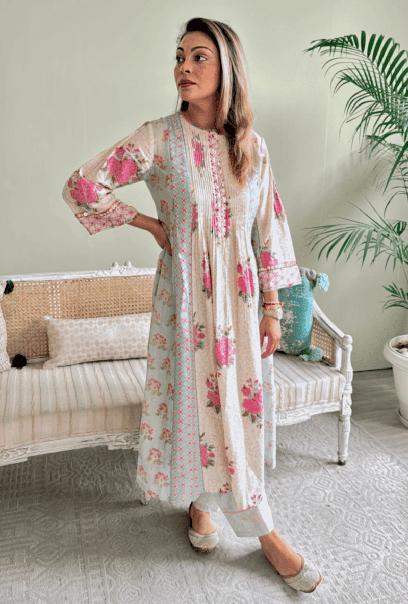 Meghna Nayyar in Powder Blue Hand Block Printed Multi Panel Mia Kurta Set