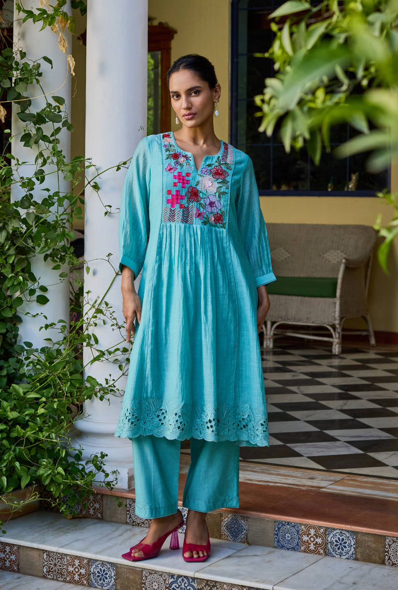 Turquoise Hand Embroidered Yoke Anaardana Kurta Set