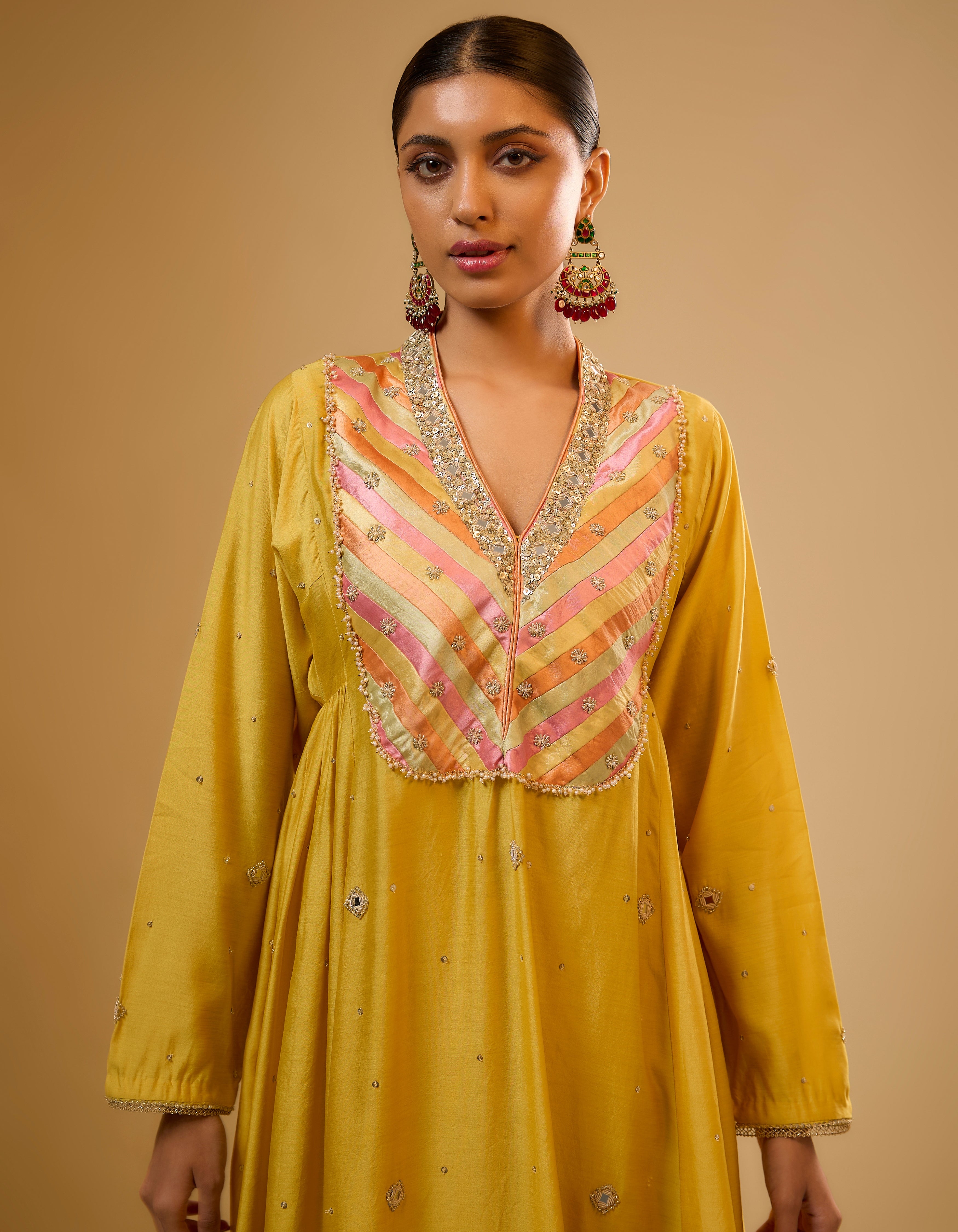 Yellow Stripe Yoke Rani Kurta Set