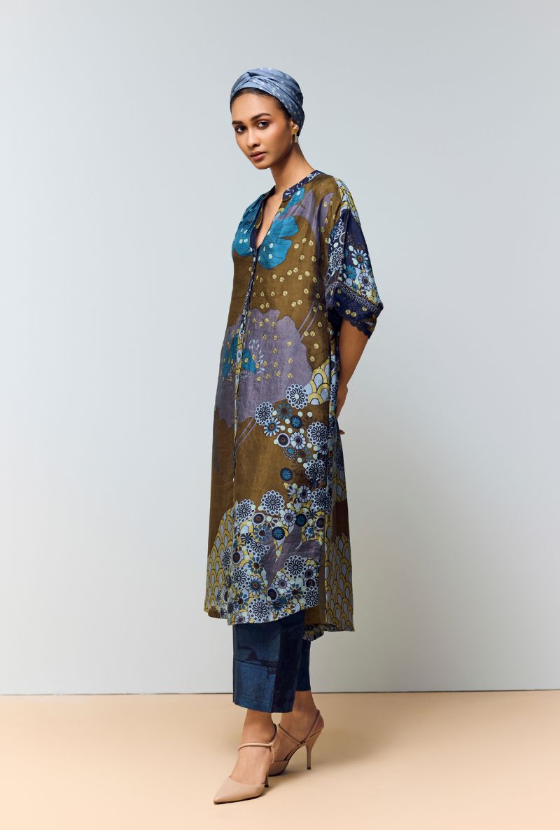 Midnight Blue Hand Printed Full Placket Eden Co-Ord Set