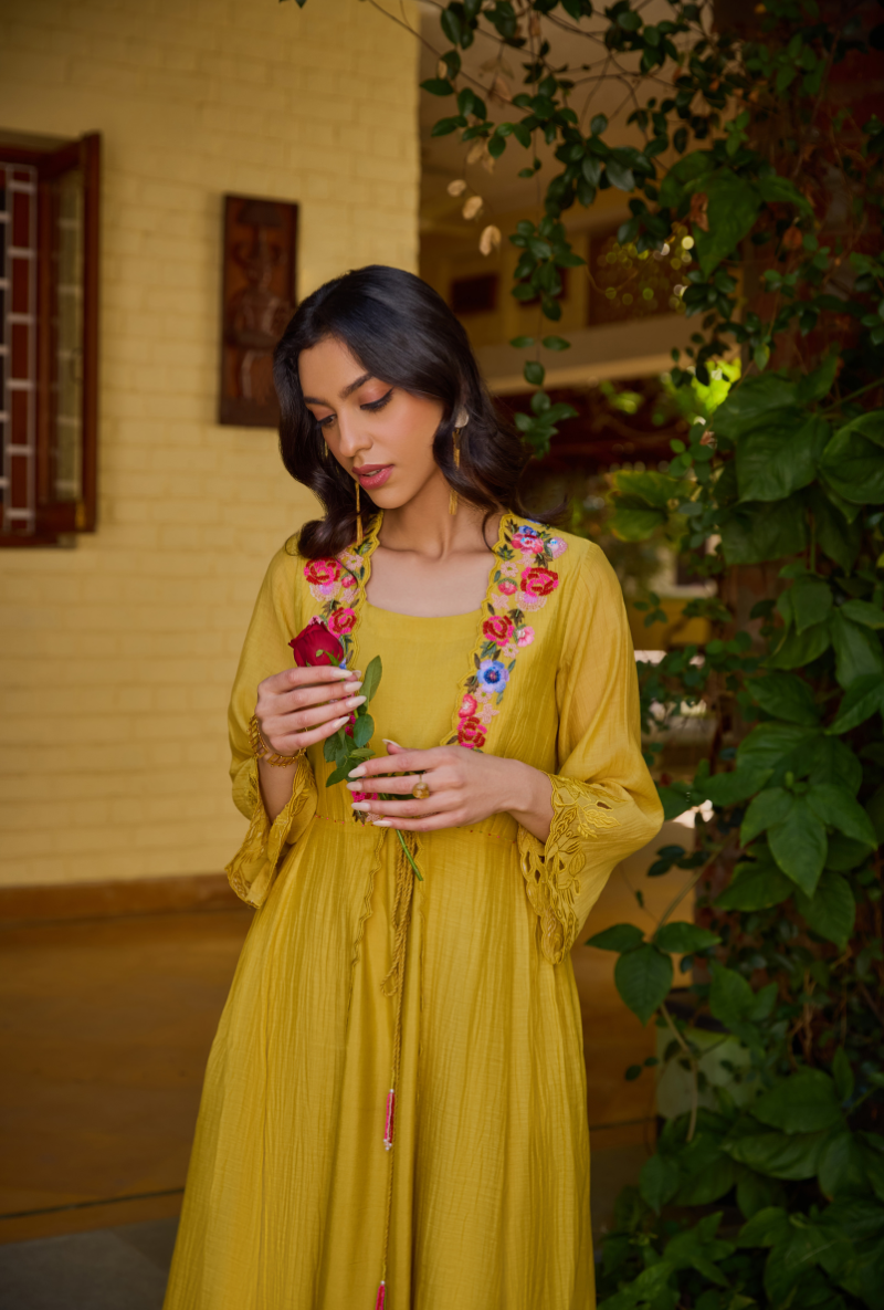 Mustard Cut Dana And Sequin Cape Anaardana Dress Set