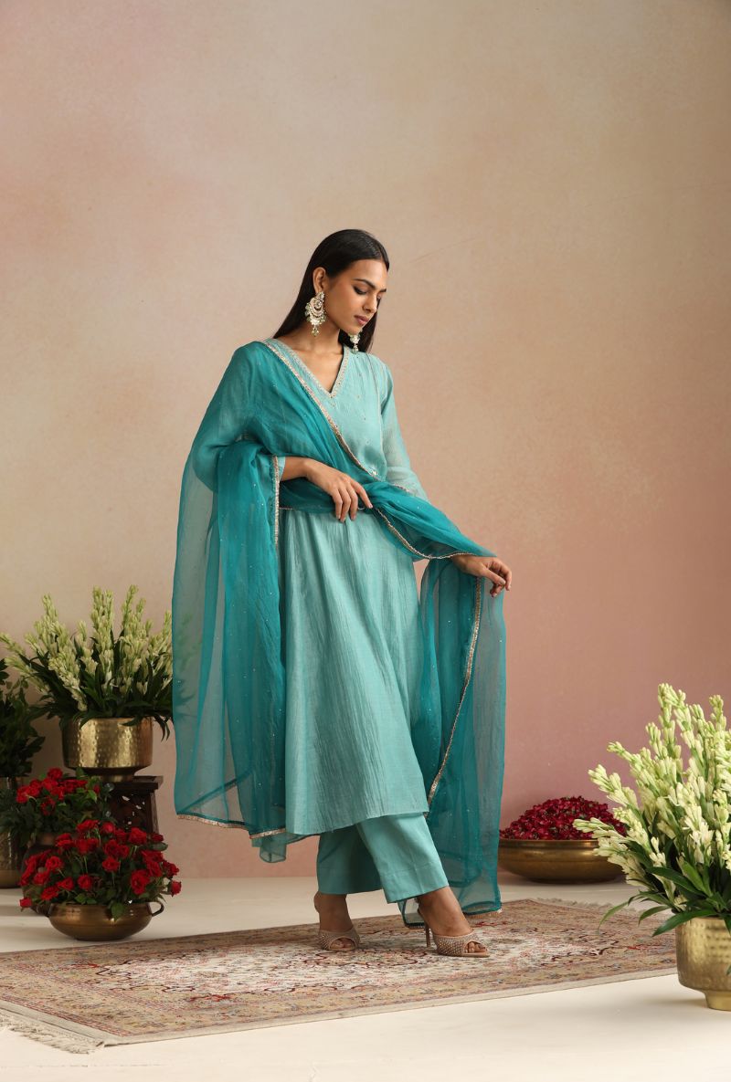 Ice Blue Zari And Dabka Work Itrh Kurta Set