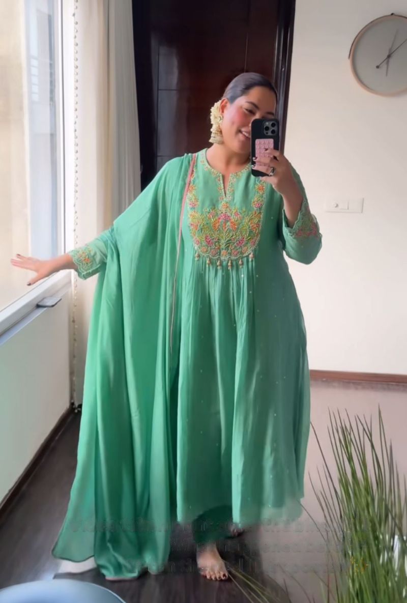Sakshi Sindhwani in Aqua Resham Front Pleat Kurta Set