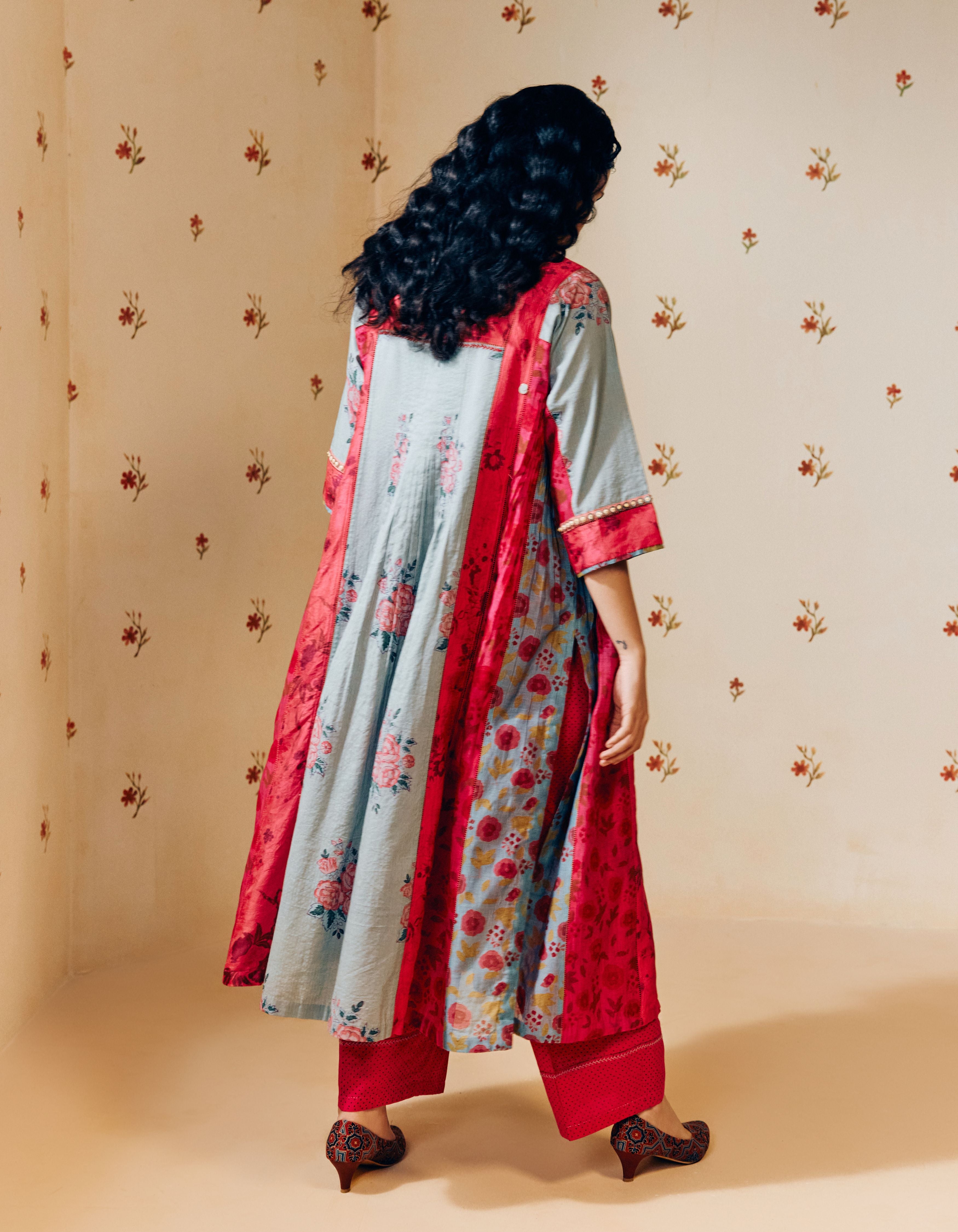 Old Rose Hand Block Printed Multi Panel Mia Kurta Set