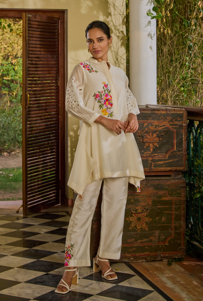 Meghna Nayyar in Ivory Side Drop Short Annardana Co-Ord Set