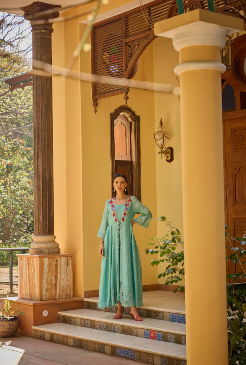 Turquoise Cut Dana And Sequin Cape Anaardana Dress Set
