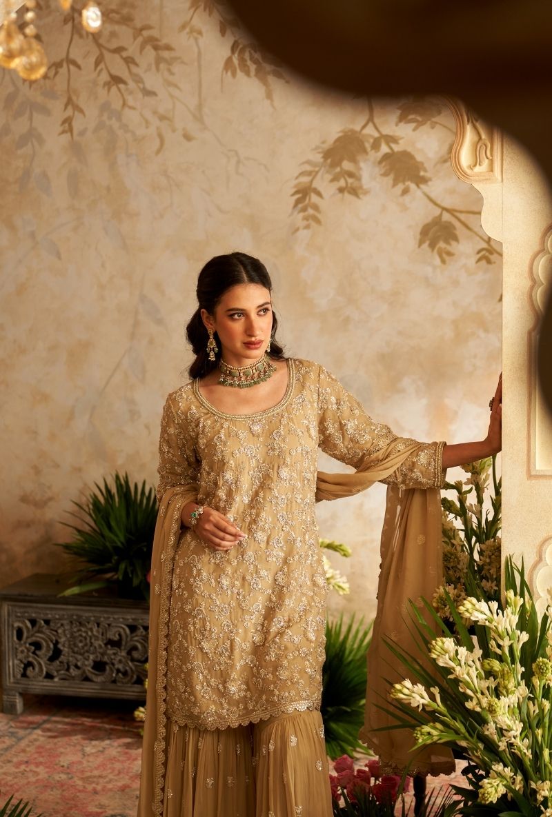 Beige Embroidered Rumi Gharara Set