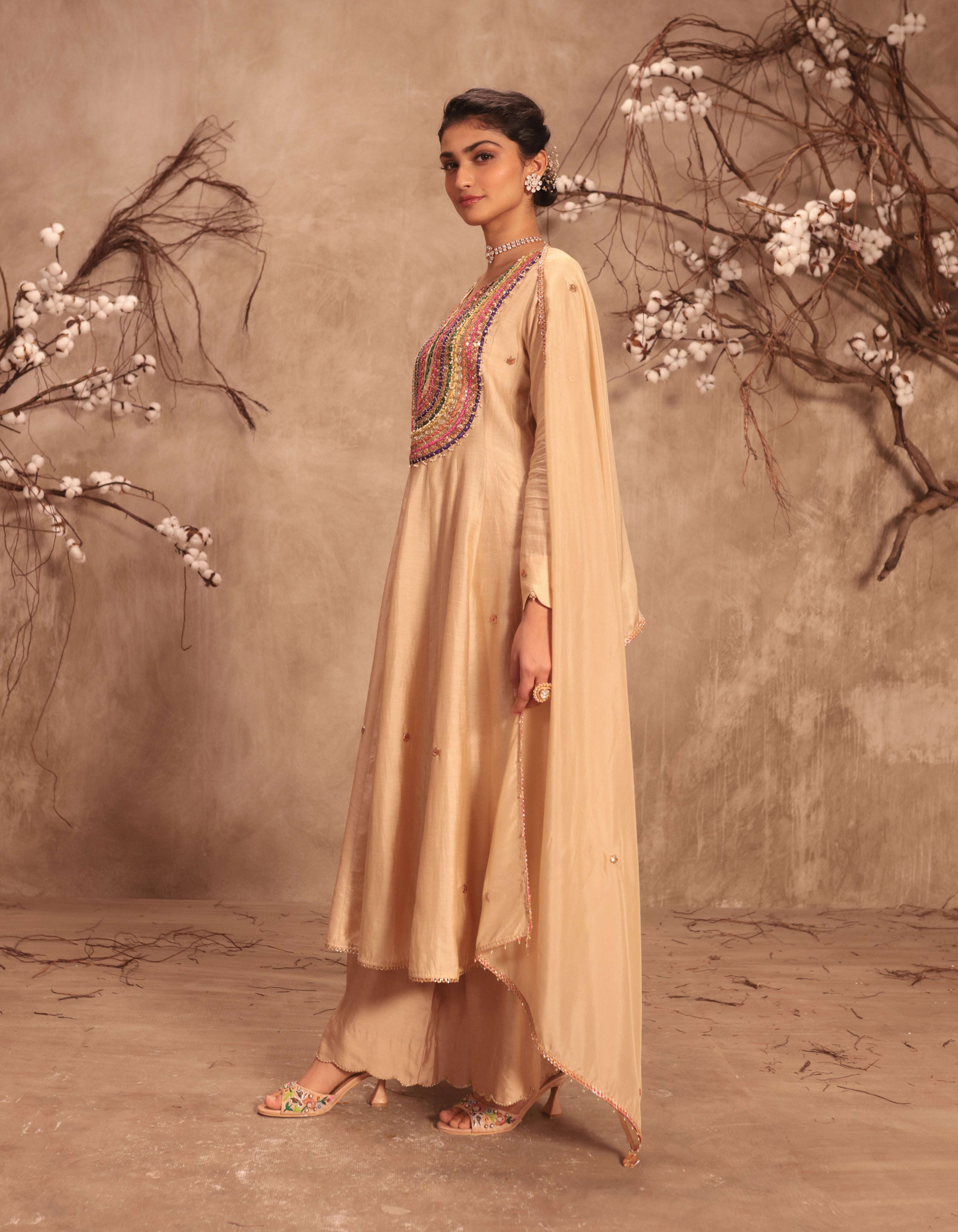 Ivory Multicolour Yoke Rani Anarkali Set