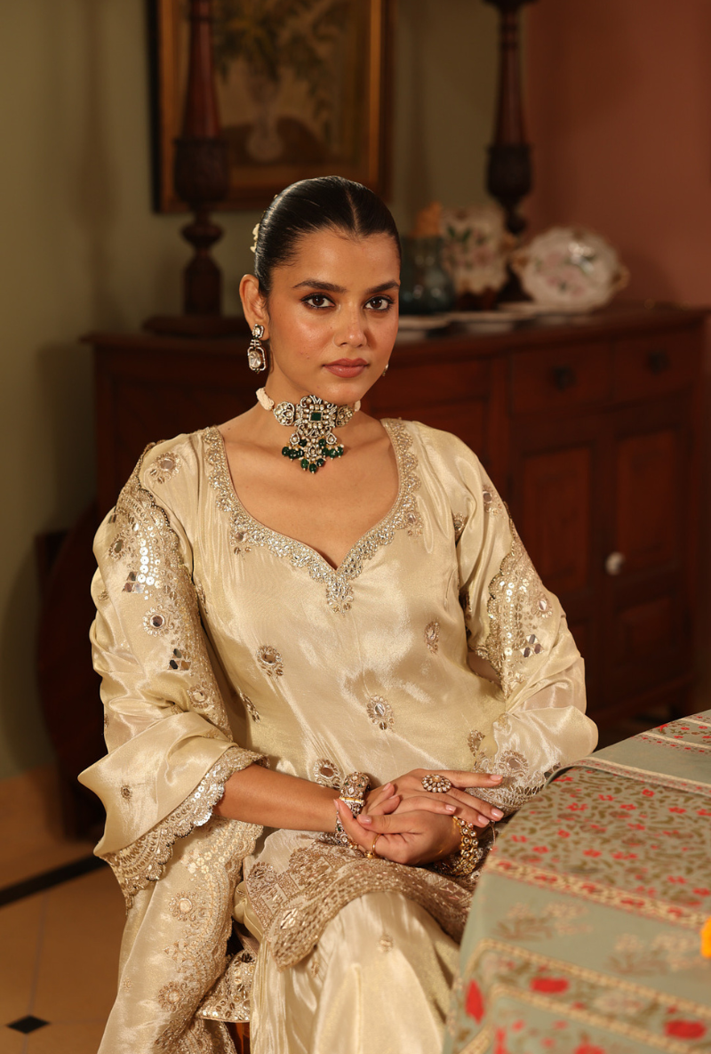 Beige V- Neck Zari And Mirror Tissue Hoor 3.0 Gharara Set