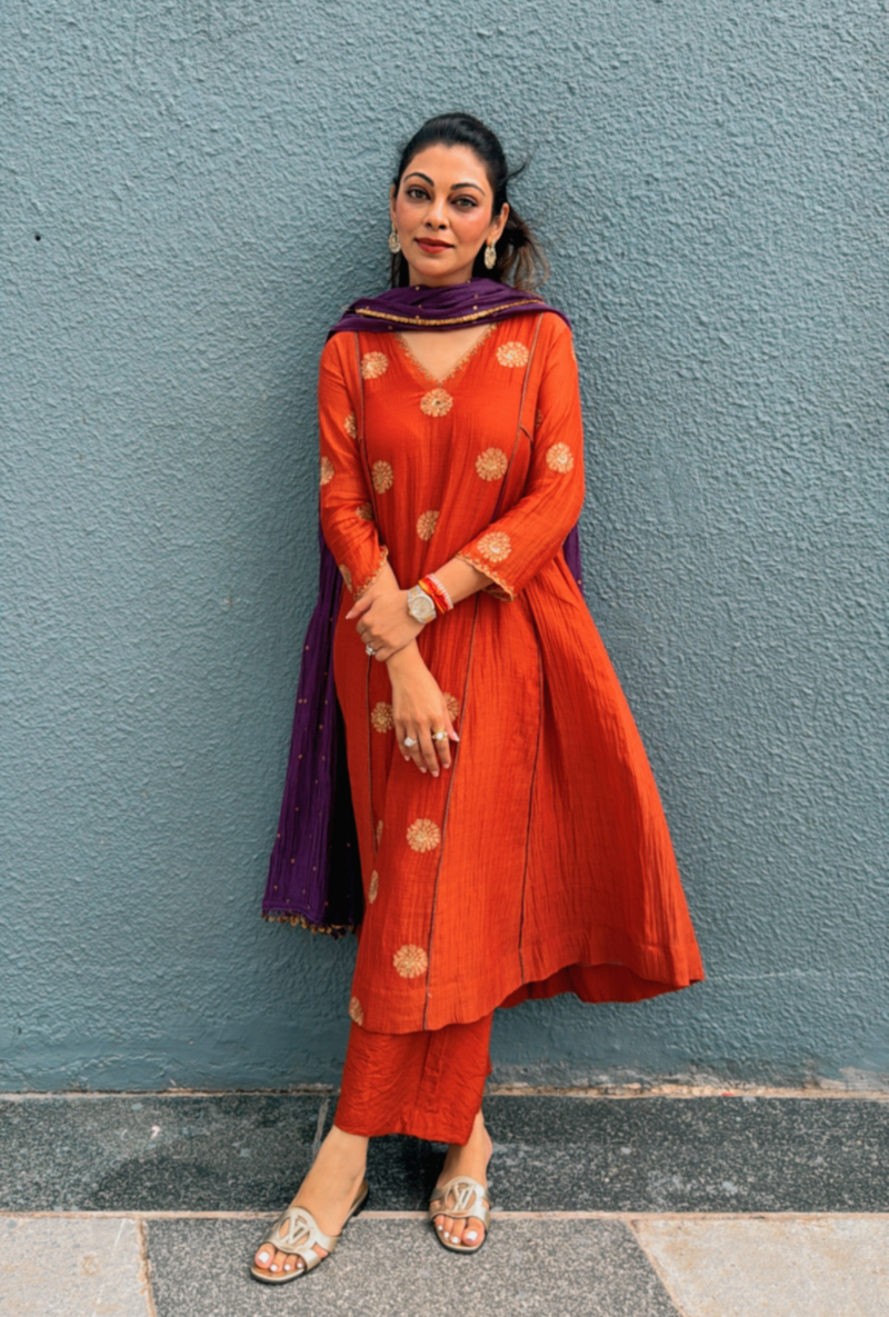 Meghna Nayyar in Rust Arka Motif Kurta Set