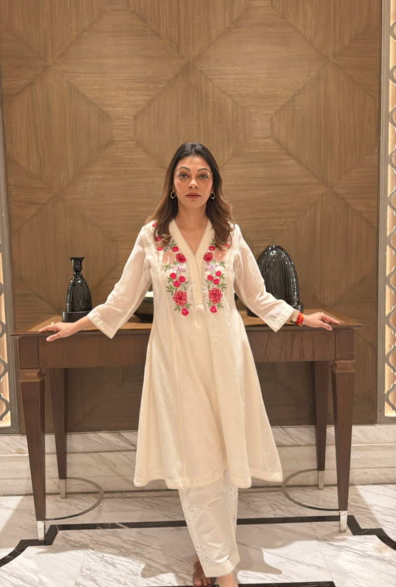 Meghna Nayyar in Ivory A Line Hand Embroidered Anaardana Kurta Set