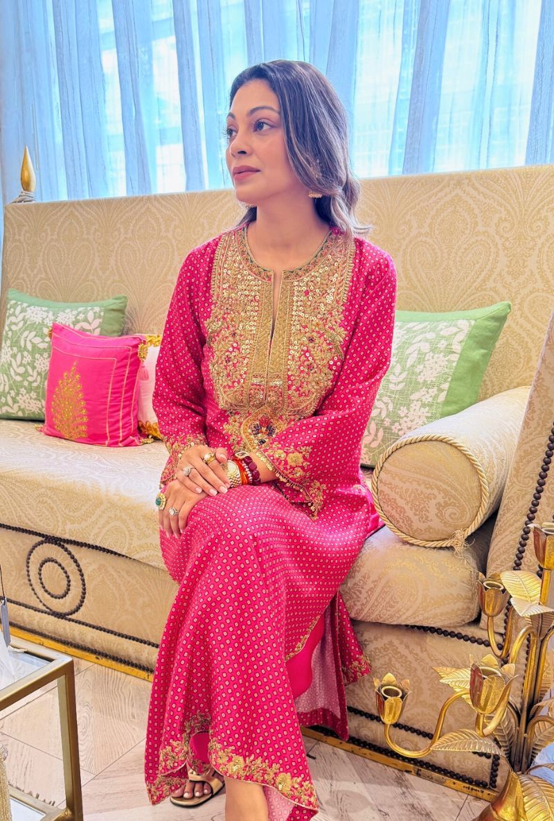 Meghna Nayyar in Pink Printed Pakhi Yoke Heavy Straight Kurta Set