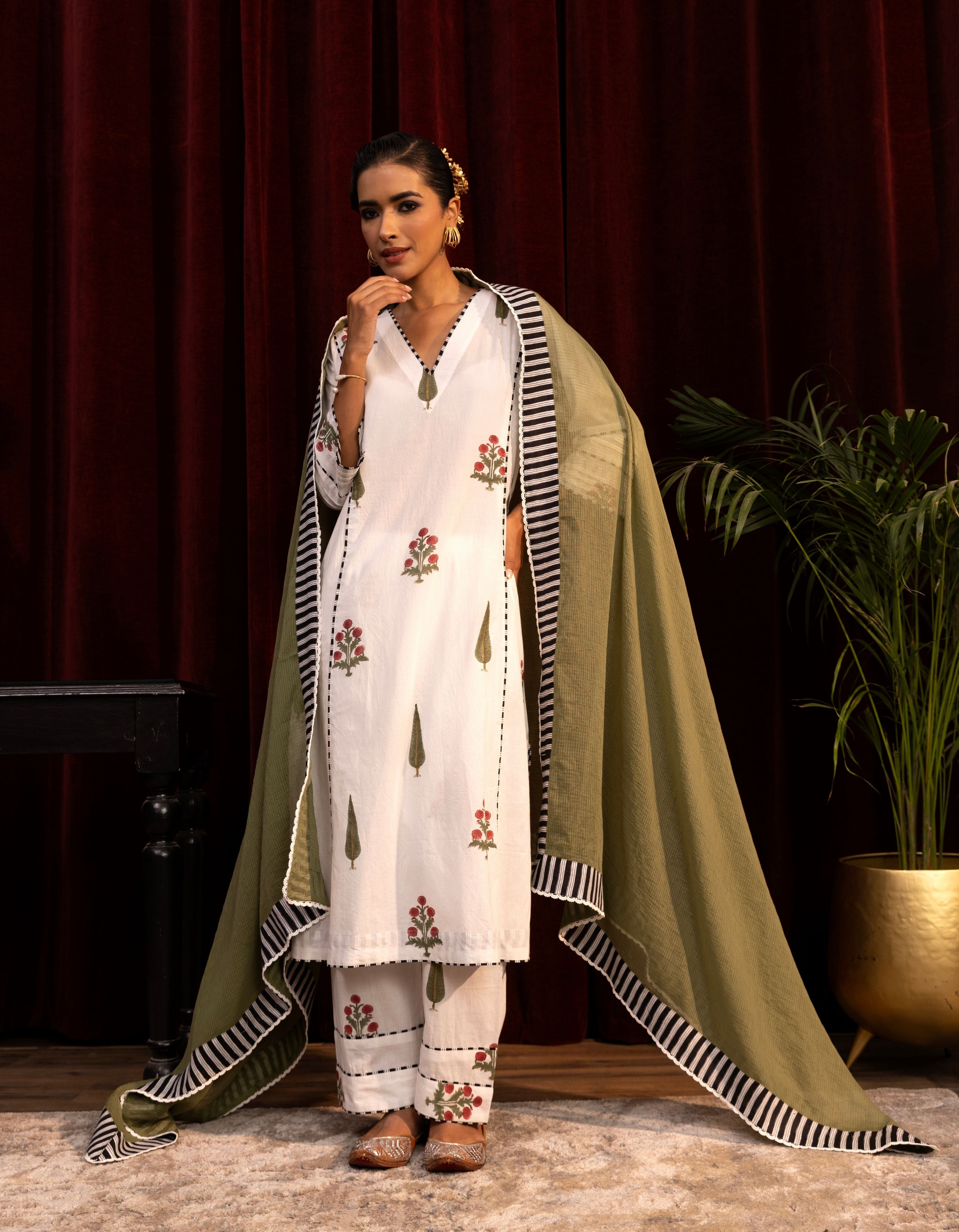 White Cypress Leaf and Poppy Print Mogra Kurta Set