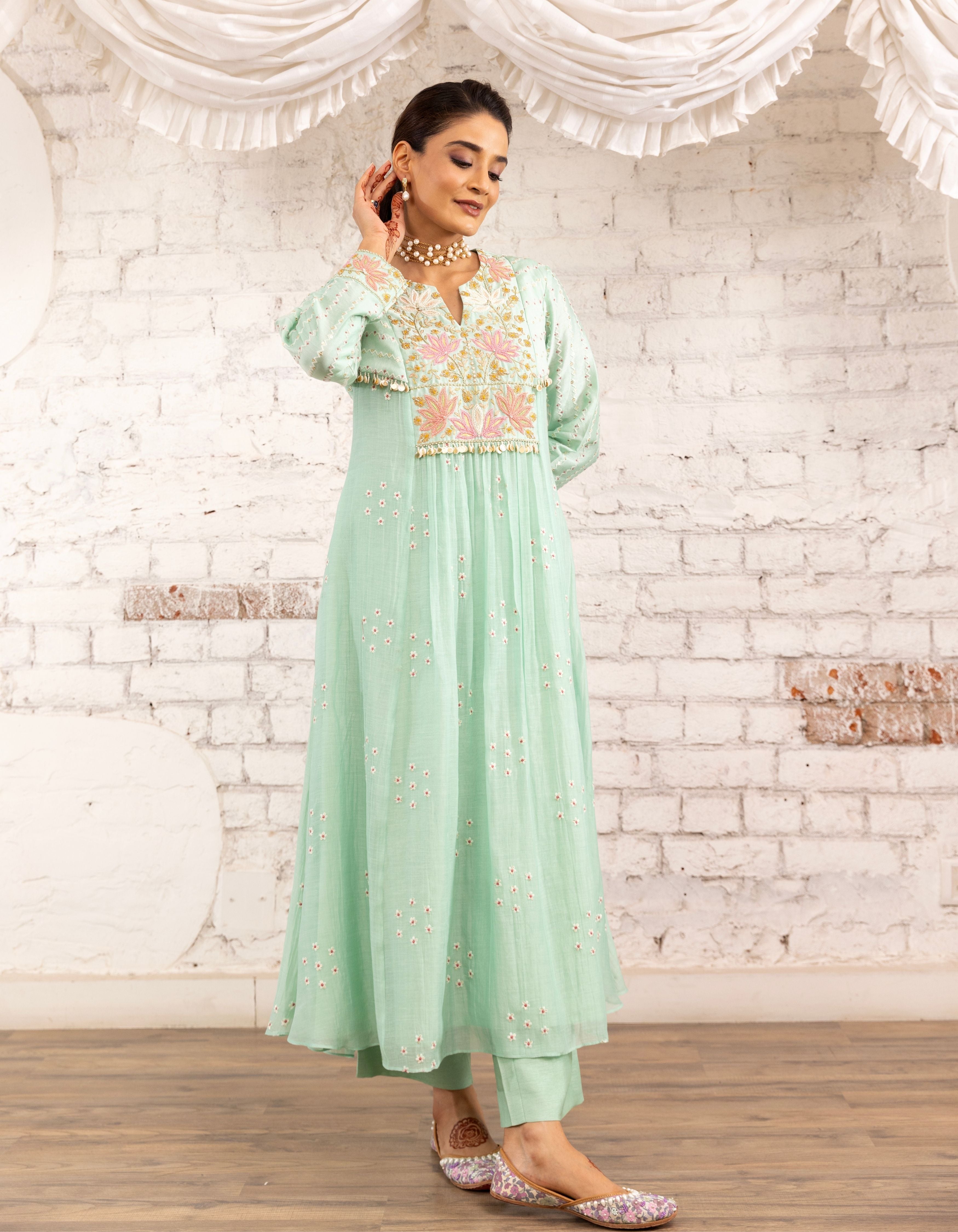 Aqua Lotus Yoke Noor Anarkali Kurta Set