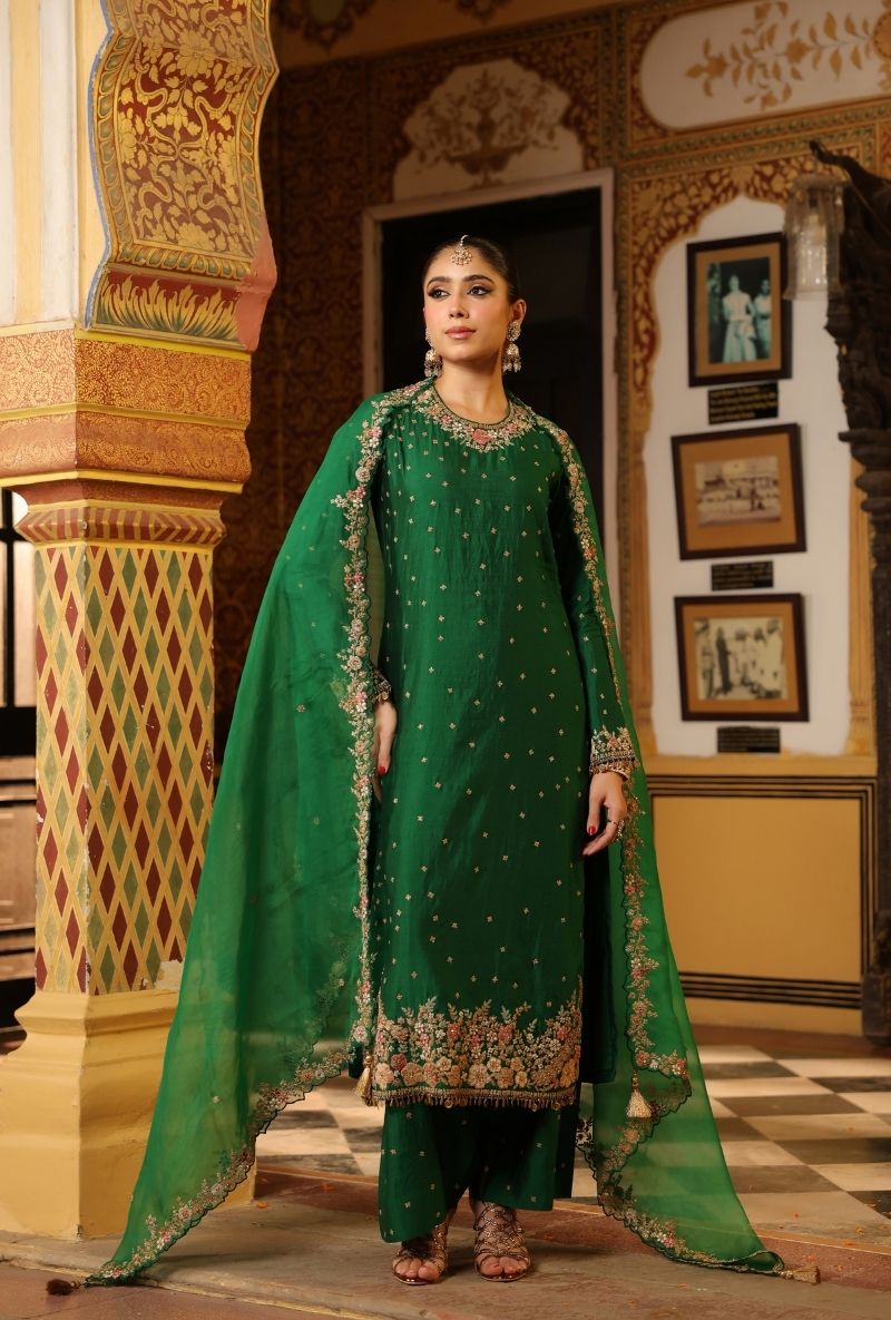 Green Mayur Applique Heavy Dupatta Long Mehfil Kurta Set