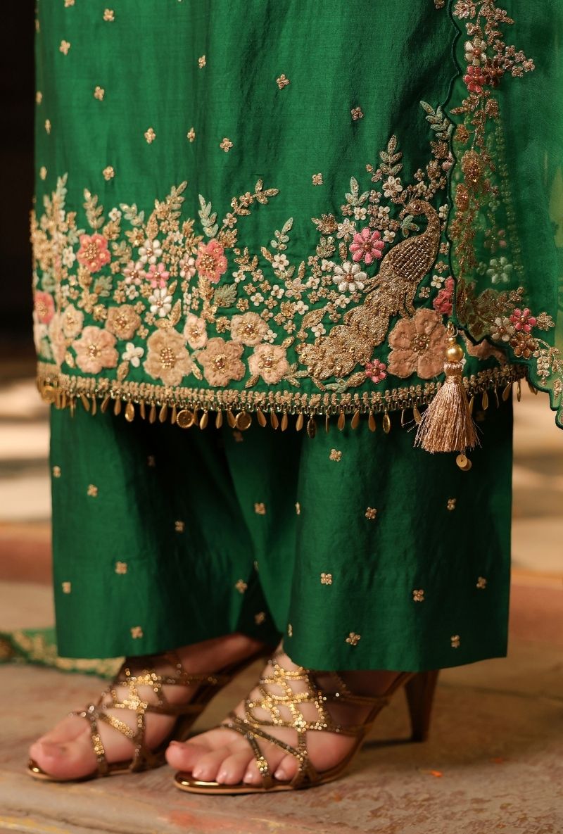 Green Mayur Applique Heavy Dupatta Long Mehfil Kurta Set