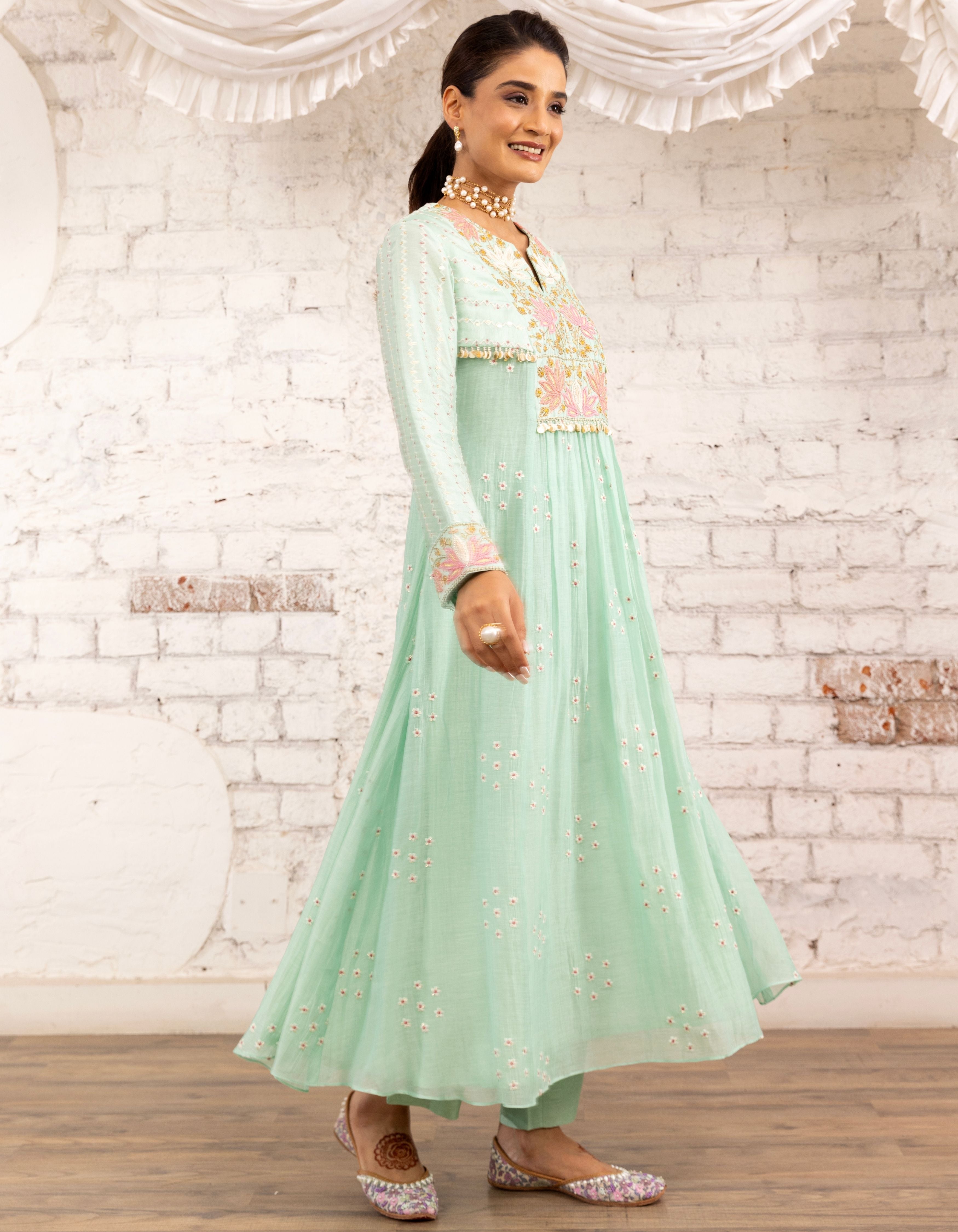 Aqua Lotus Yoke Noor Anarkali Kurta Set