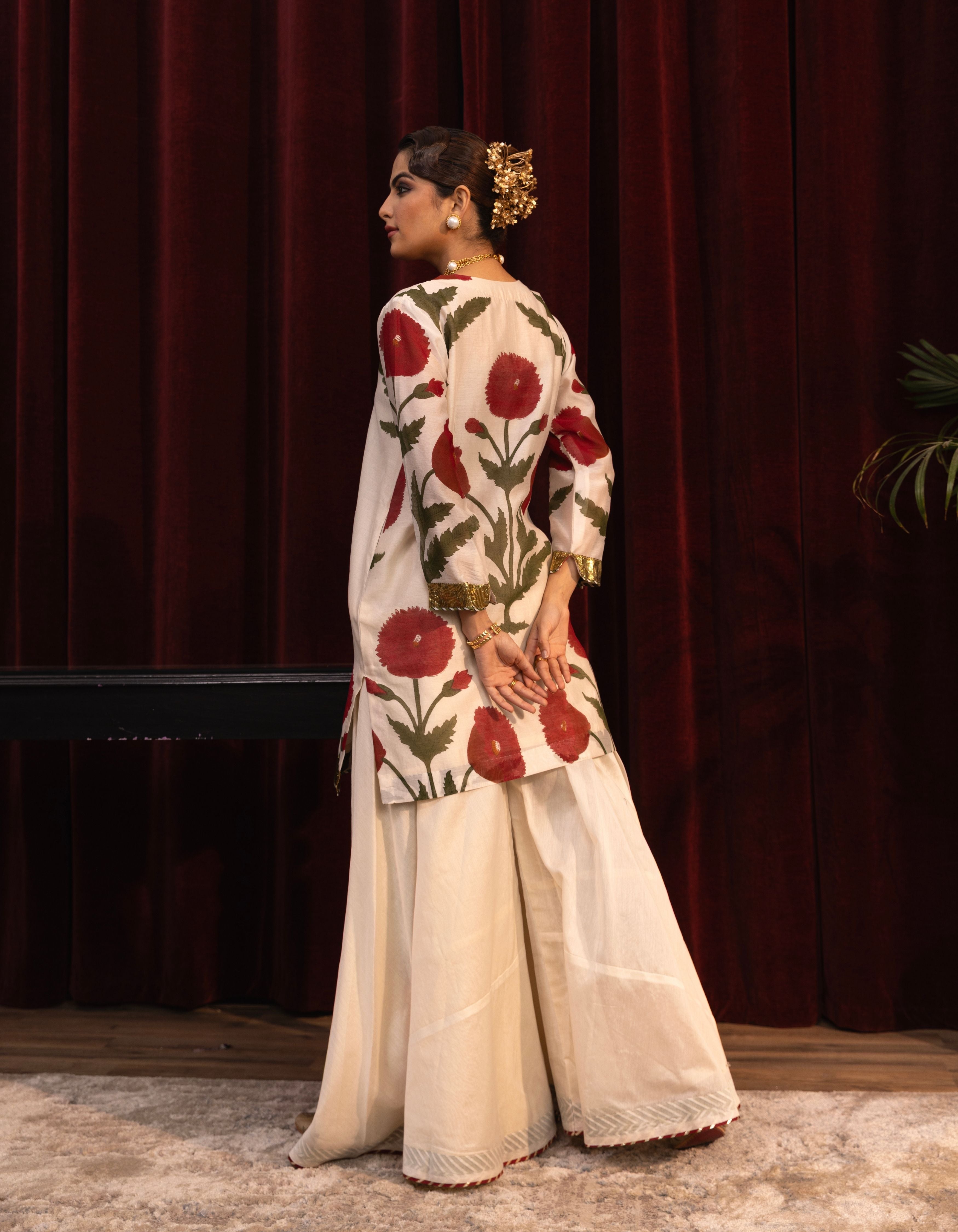 Ivory Poppy Block Print Mogra Sharara Set