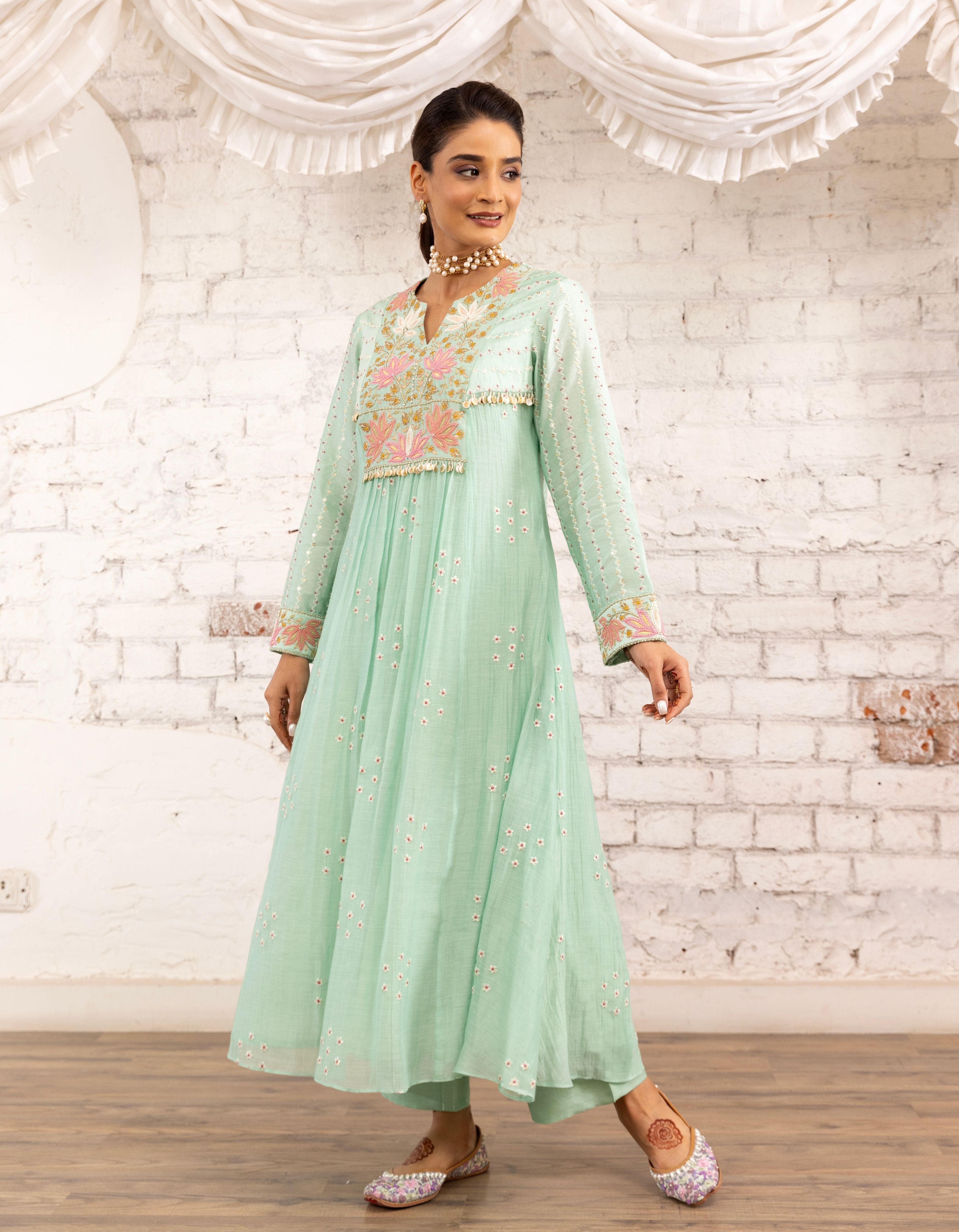 Aqua Lotus Yoke Noor Anarkali Kurta Set