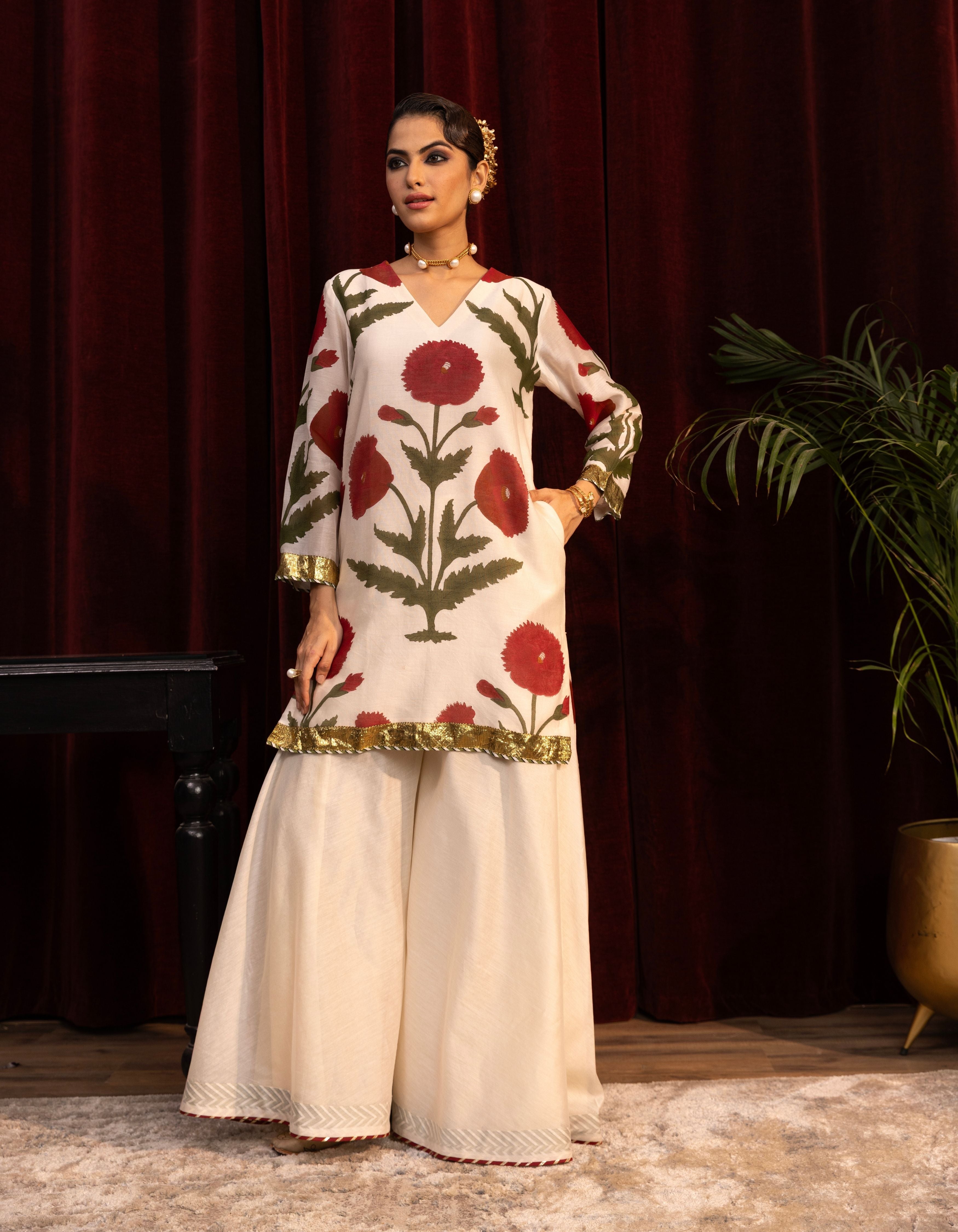 Ivory Poppy Block Print Mogra Sharara Set
