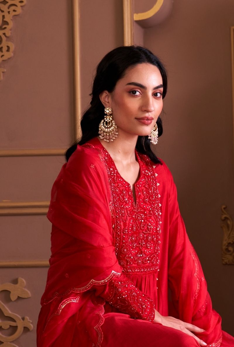 Red Bead Yoke Rasia Kurta Set